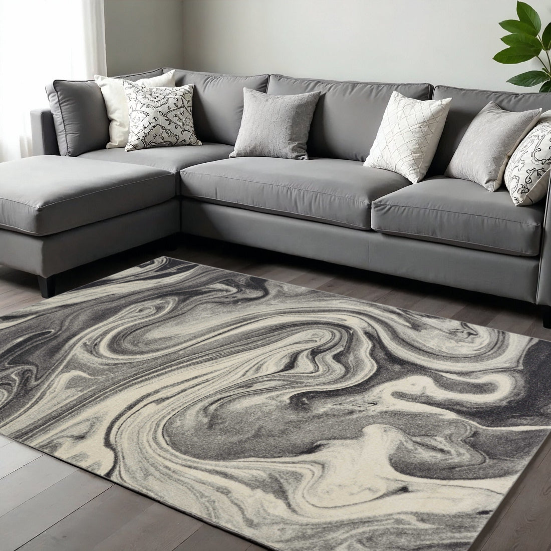 7' X 9' Ivory Black And Gray Abstract Shag Area Rug-Area Rugs-DECOROLALA