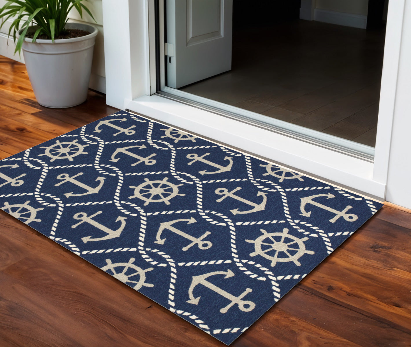 7' X 9' Navy Blue Nautical Handmade Indoor Outdoor Area Rug-Outdoor Rugs-DECOROLALA