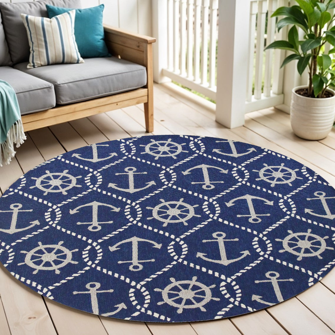 7' X 9' Navy Blue Nautical Handmade Indoor Outdoor Area Rug-Outdoor Rugs-DECOROLALA