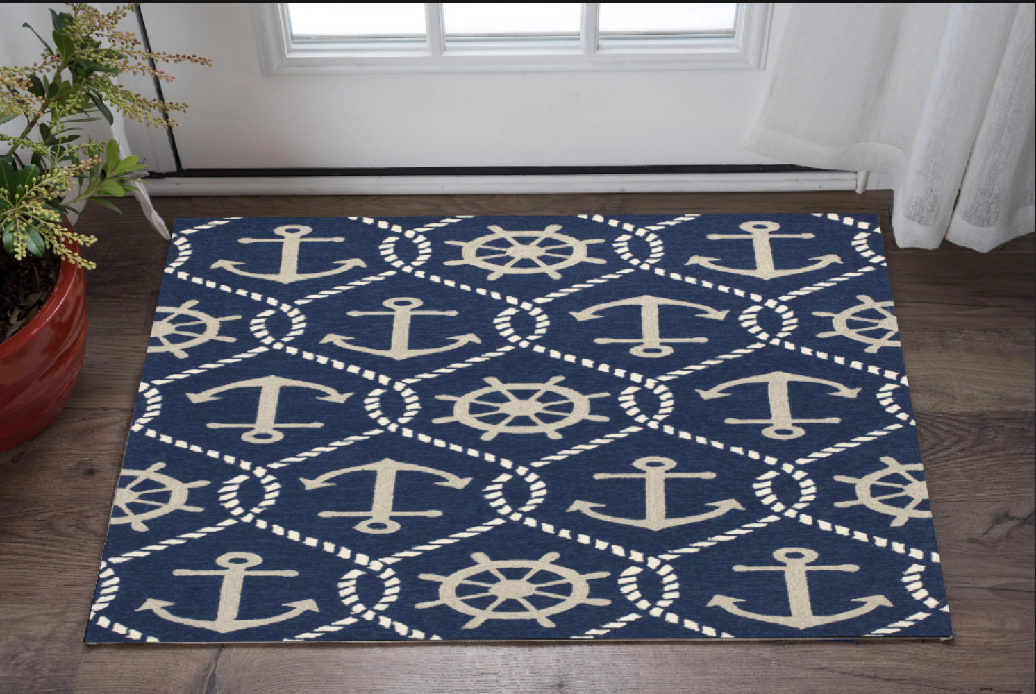 7' X 9' Navy Blue Nautical Handmade Indoor Outdoor Area Rug-Outdoor Rugs-DECOROLALA