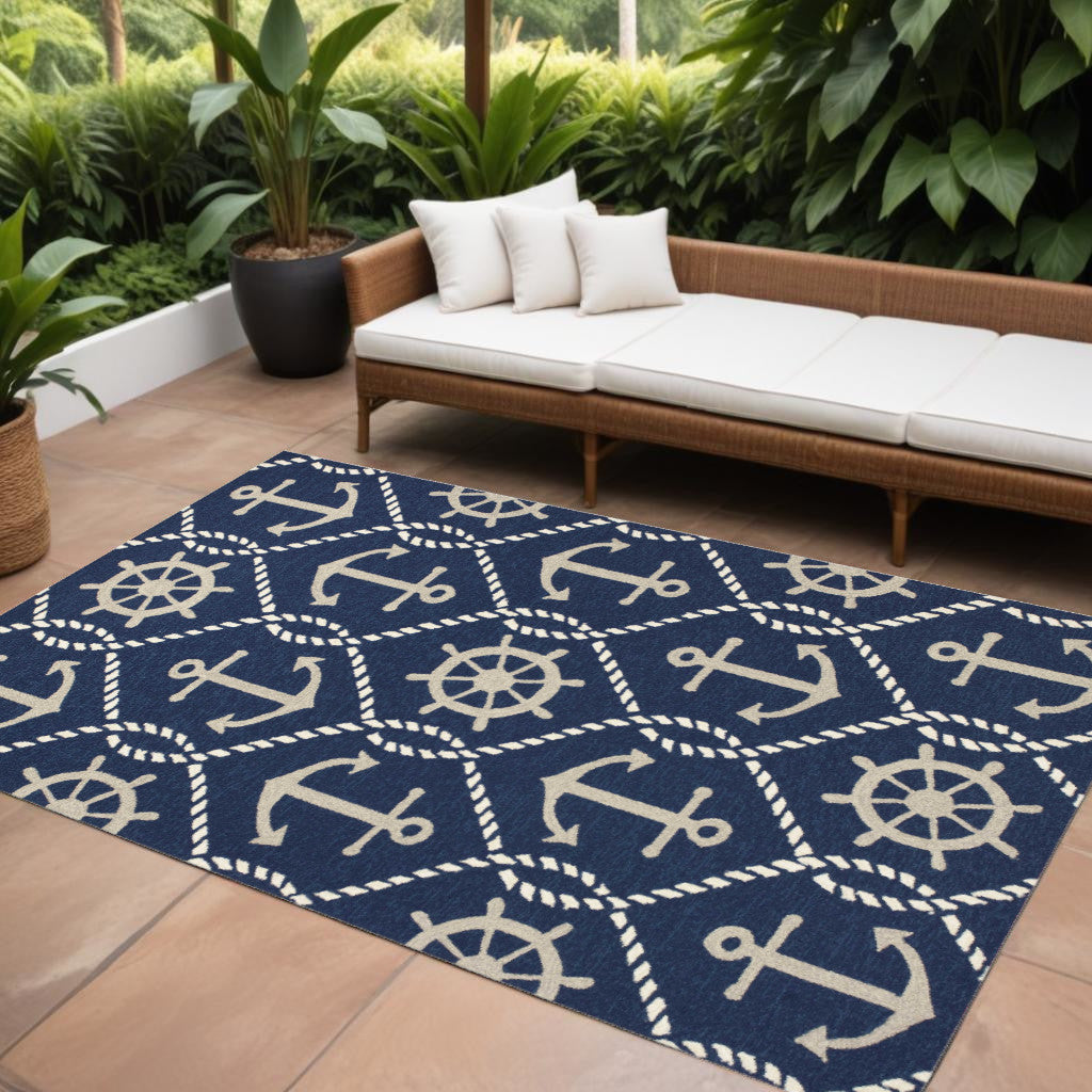 7' X 9' Navy Blue Nautical Handmade Indoor Outdoor Area Rug-Outdoor Rugs-DECOROLALA