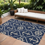 7' X 9' Navy Blue Nautical Handmade Indoor Outdoor Area Rug-Outdoor Rugs-DECOROLALA