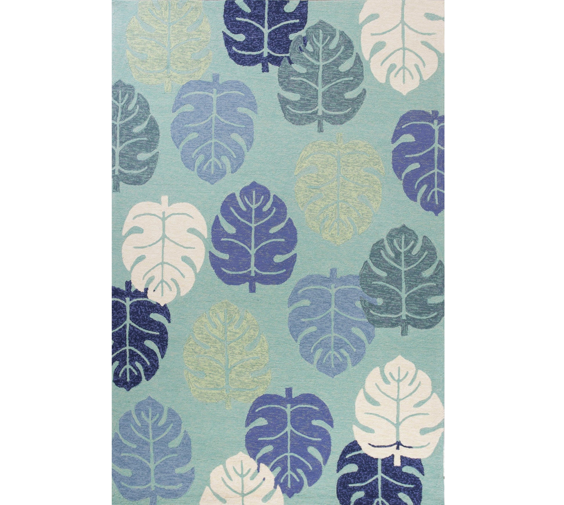 7' X 9' Turquoise And Ivory Botanical Leaves Hand Tufted Area Rug-Area Rugs-DECOROLALA