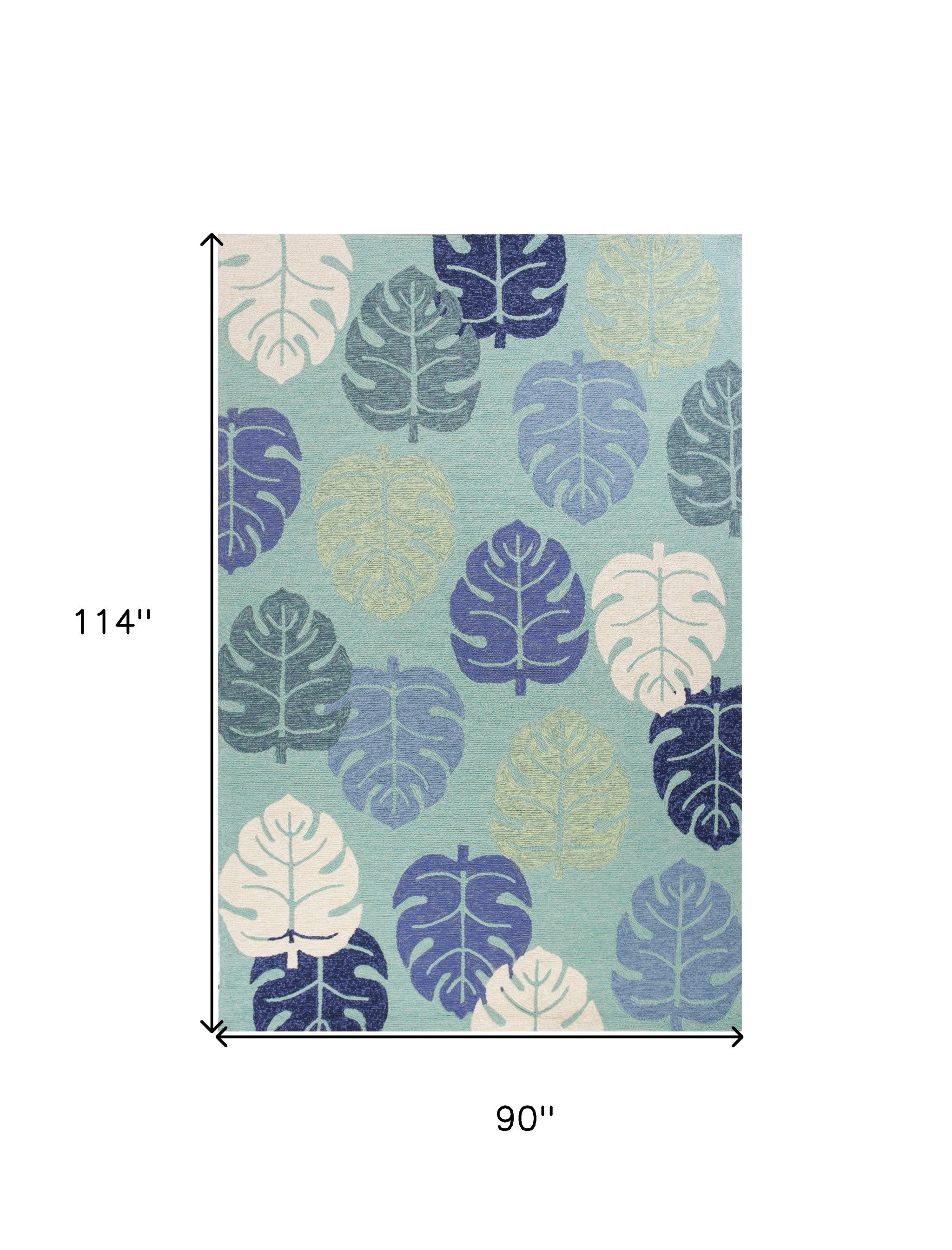 7' X 9' Turquoise And Ivory Botanical Leaves Hand Tufted Area Rug-Area Rugs-DECOROLALA