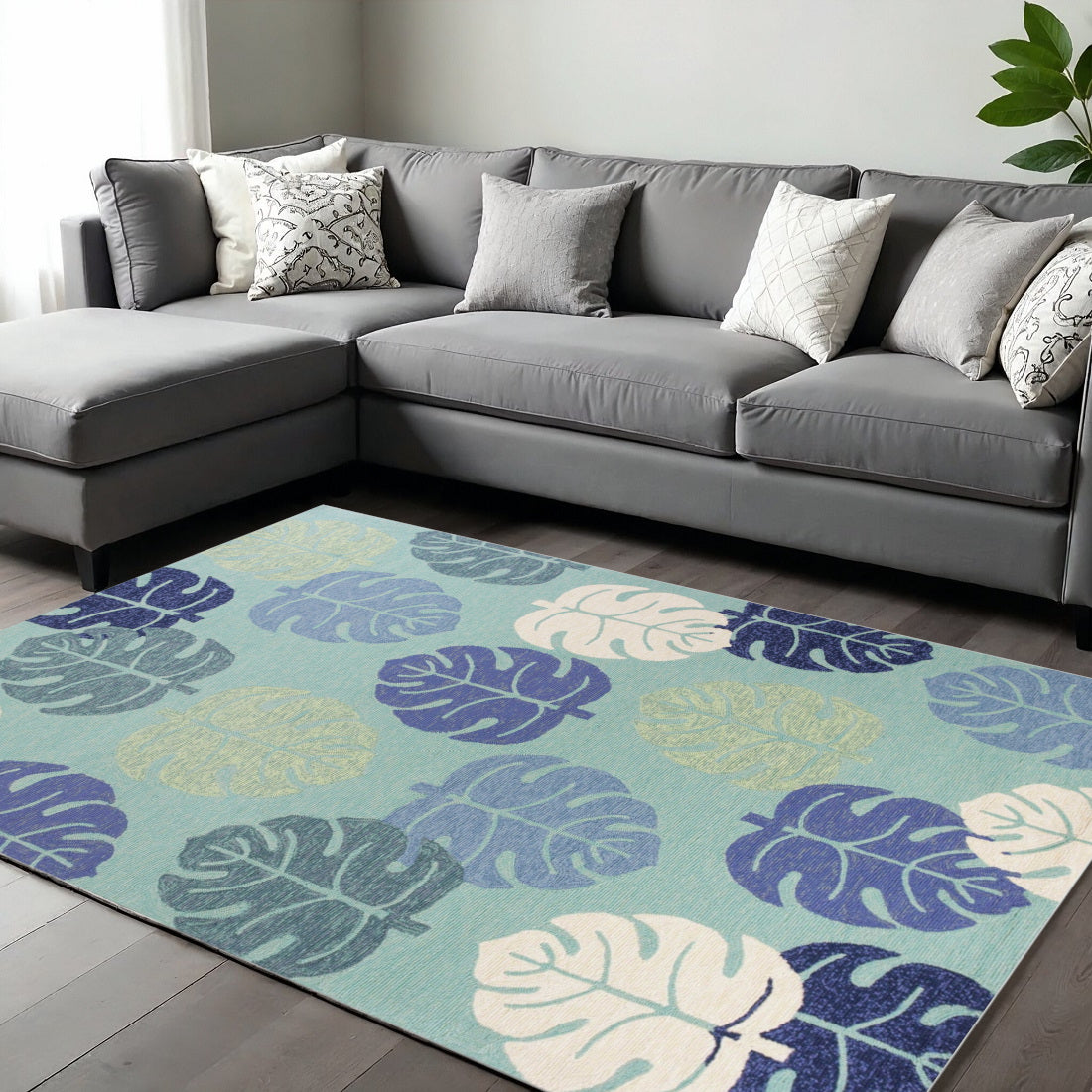 7' X 9' Turquoise And Ivory Botanical Leaves Hand Tufted Area Rug-Area Rugs-DECOROLALA