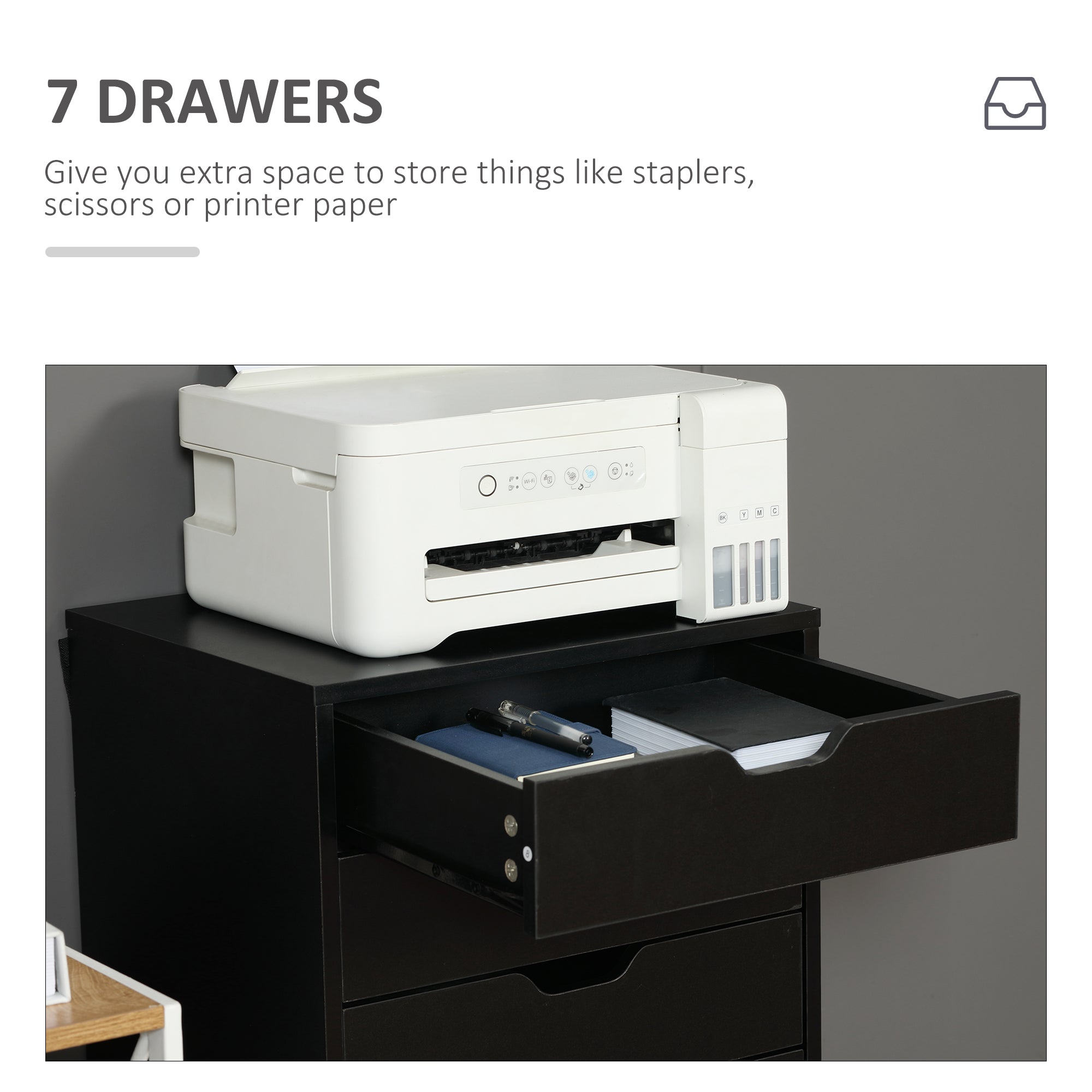 7-drawer Vertical File Cabinet for Home Office, Storage Cabinet with Wheels, 18.7"x15.6"x35.4", Black-Office Products > Office Furniture > Office Cabinets & Cupboards-DECOROLALA