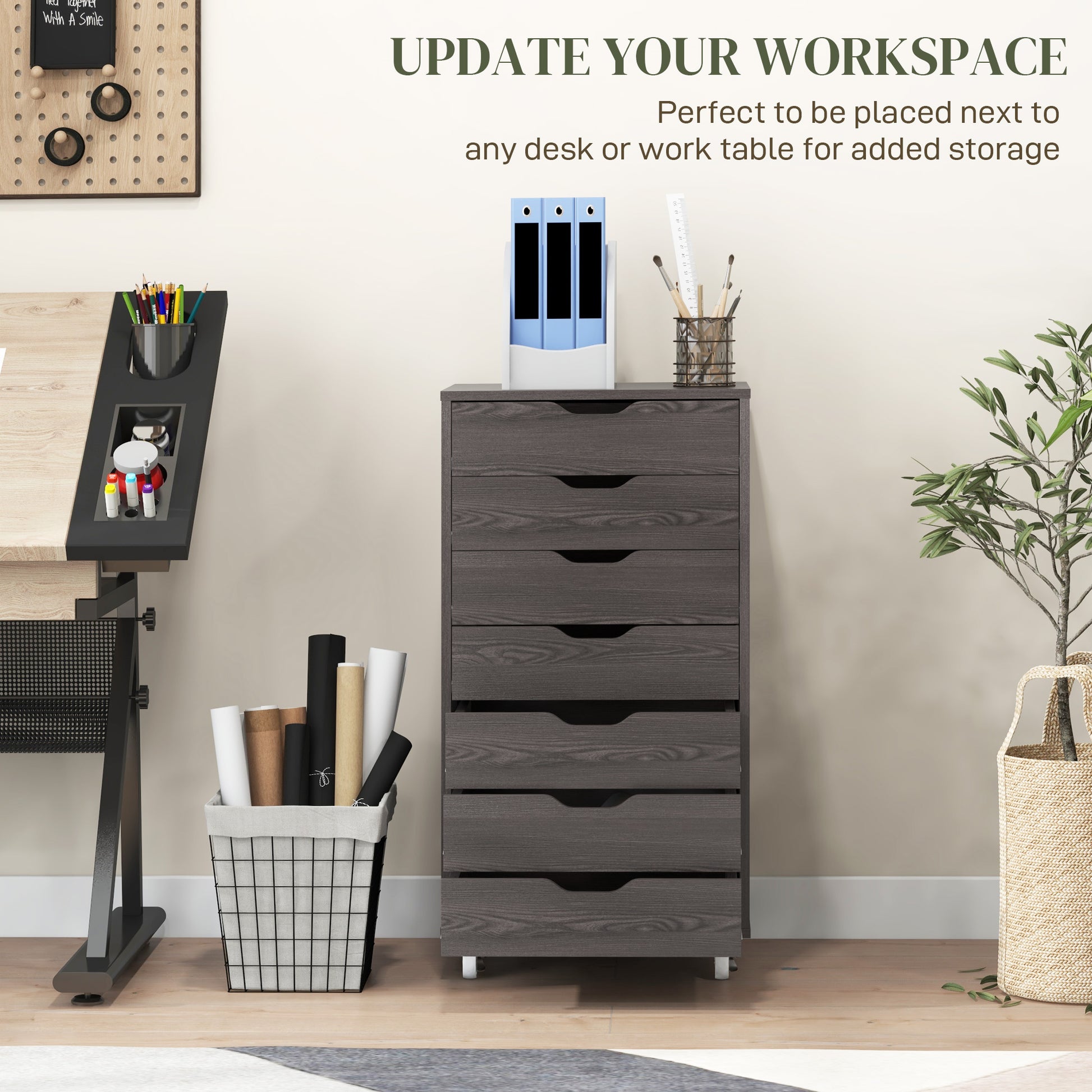 7-drawer Vertical File Cabinet for Home Office, Storage Cabinet with Wheels, 18.7"x15.6"x35.4", Grey Wood Grain-Office Products > Office Furniture > Office Cabinets & Cupboards-DECOROLALA