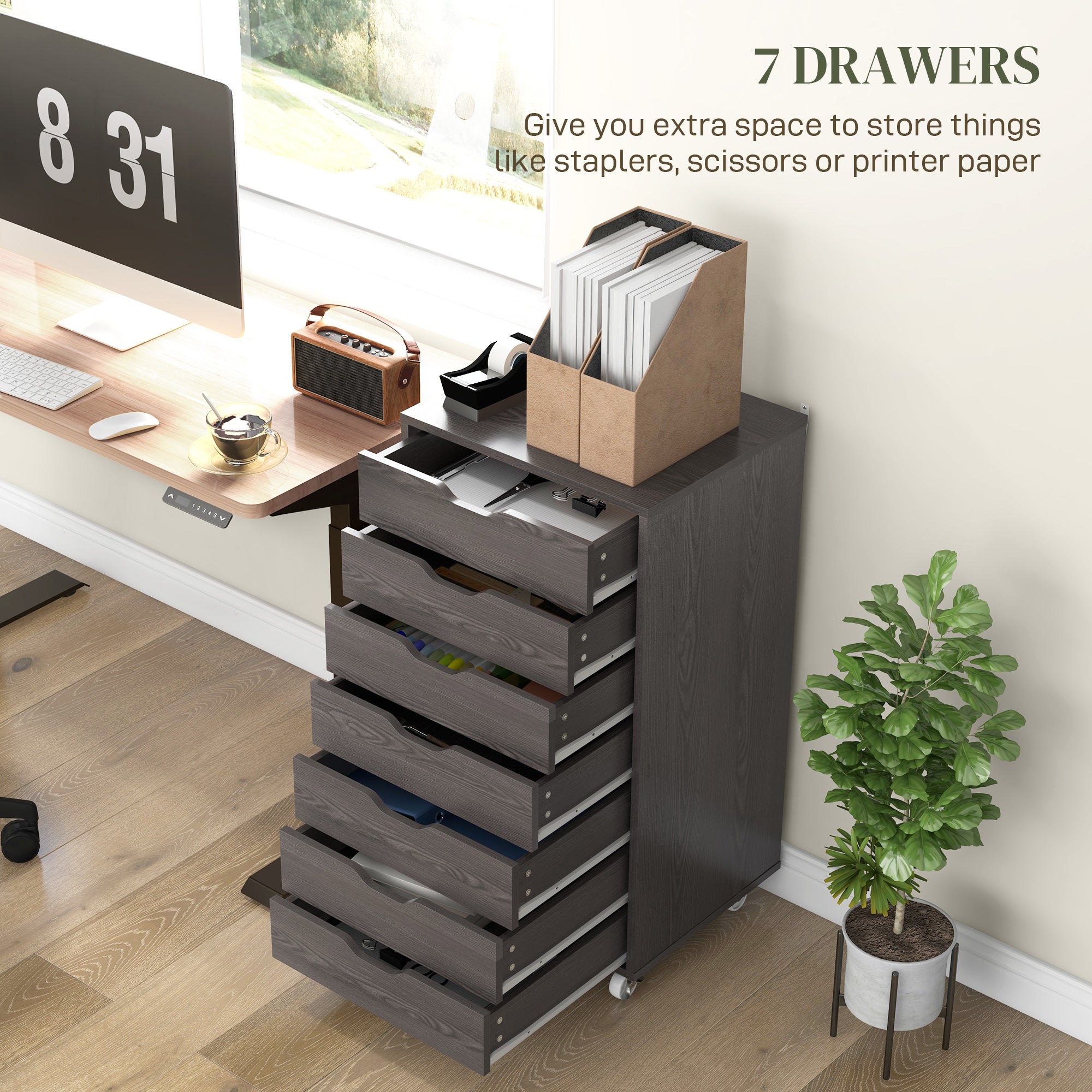 7-drawer Vertical File Cabinet for Home Office, Storage Cabinet with Wheels, 18.7"x15.6"x35.4", Grey Wood Grain-Office Products > Office Furniture > Office Cabinets & Cupboards-DECOROLALA
