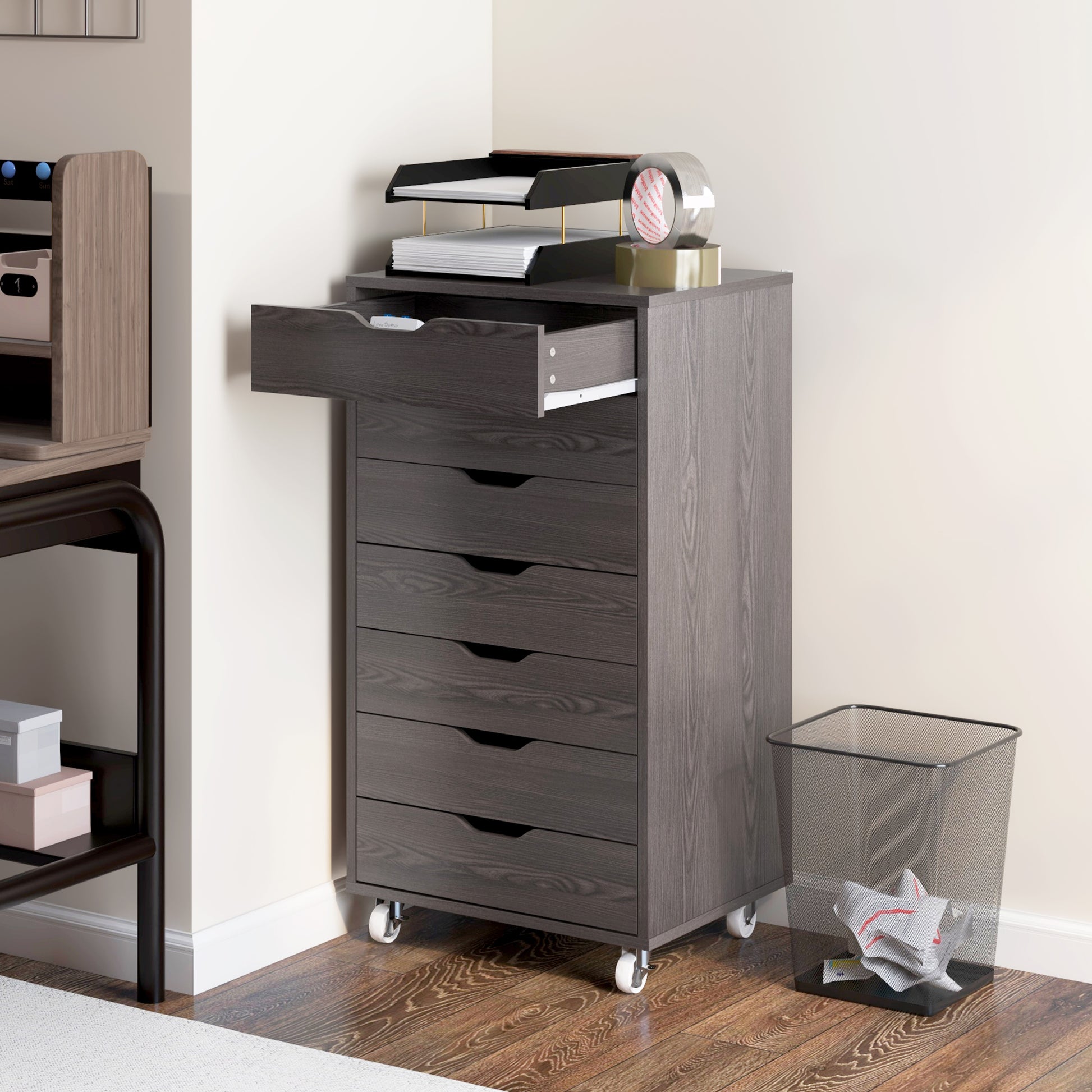 7-drawer Vertical File Cabinet for Home Office, Storage Cabinet with Wheels, 18.7"x15.6"x35.4", Grey Wood Grain-Office Products > Office Furniture > Office Cabinets & Cupboards-DECOROLALA