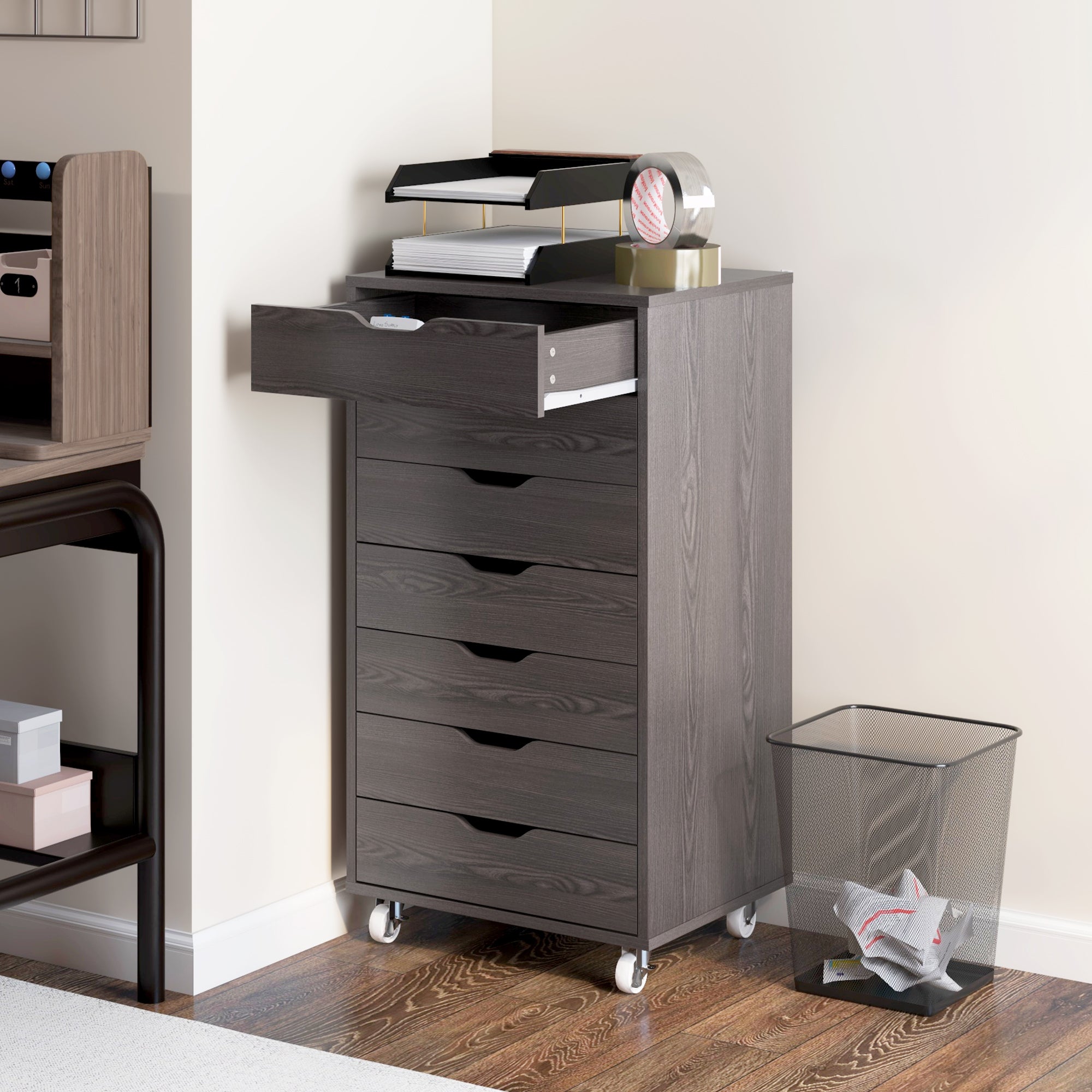 7-drawer Vertical File Cabinet for Home Office, Storage Cabinet with Wheels, 18.7"x15.6"x35.4", Grey Wood Grain-Office Products > Office Furniture > Office Cabinets & Cupboards-DECOROLALA