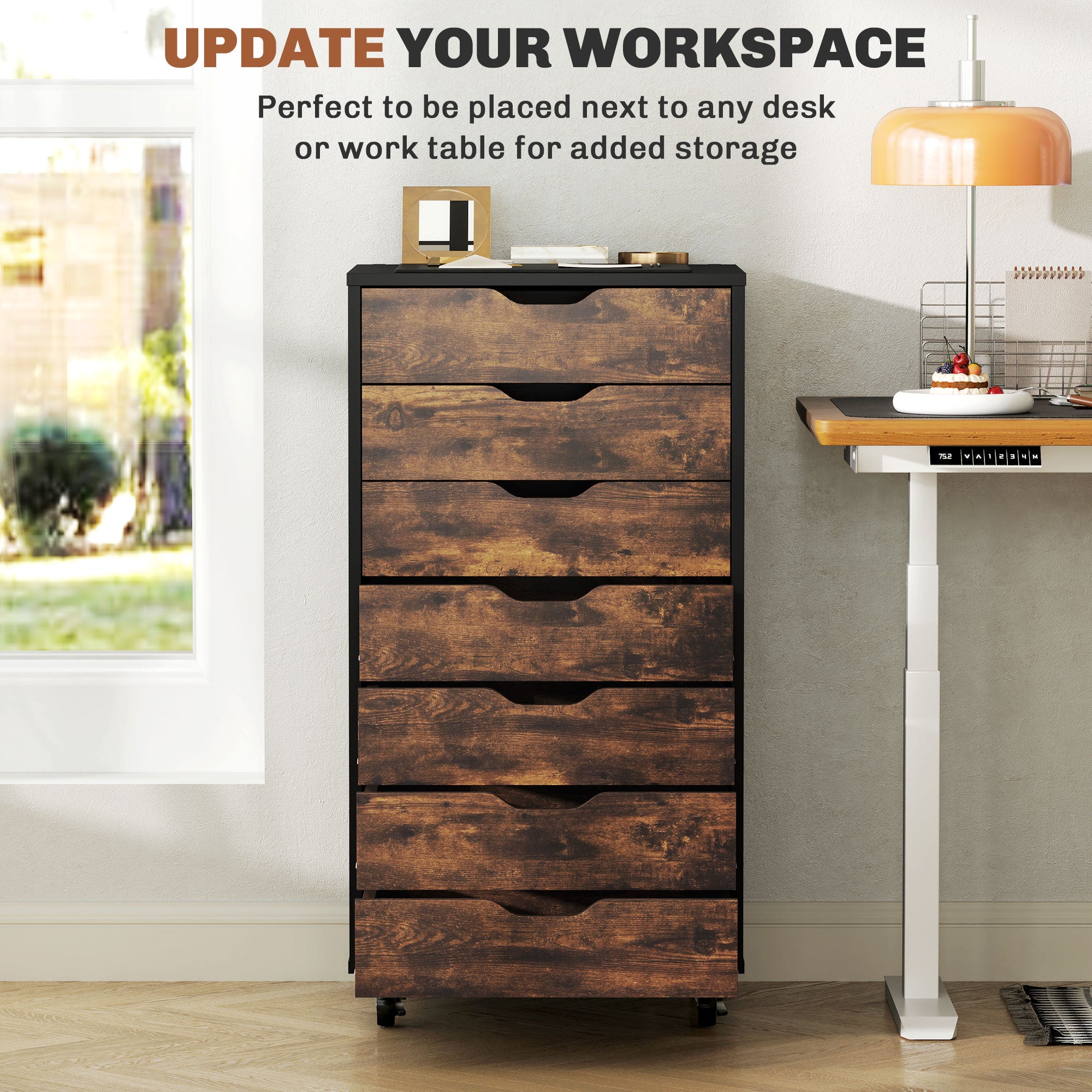 7-drawer Vertical File Cabinet for Home Office, Storage Cabinet with Wheels, 18.7"x15.6"x35.4", Rustic Brown-Office Products > Office Furniture > Office Cabinets & Cupboards-DECOROLALA