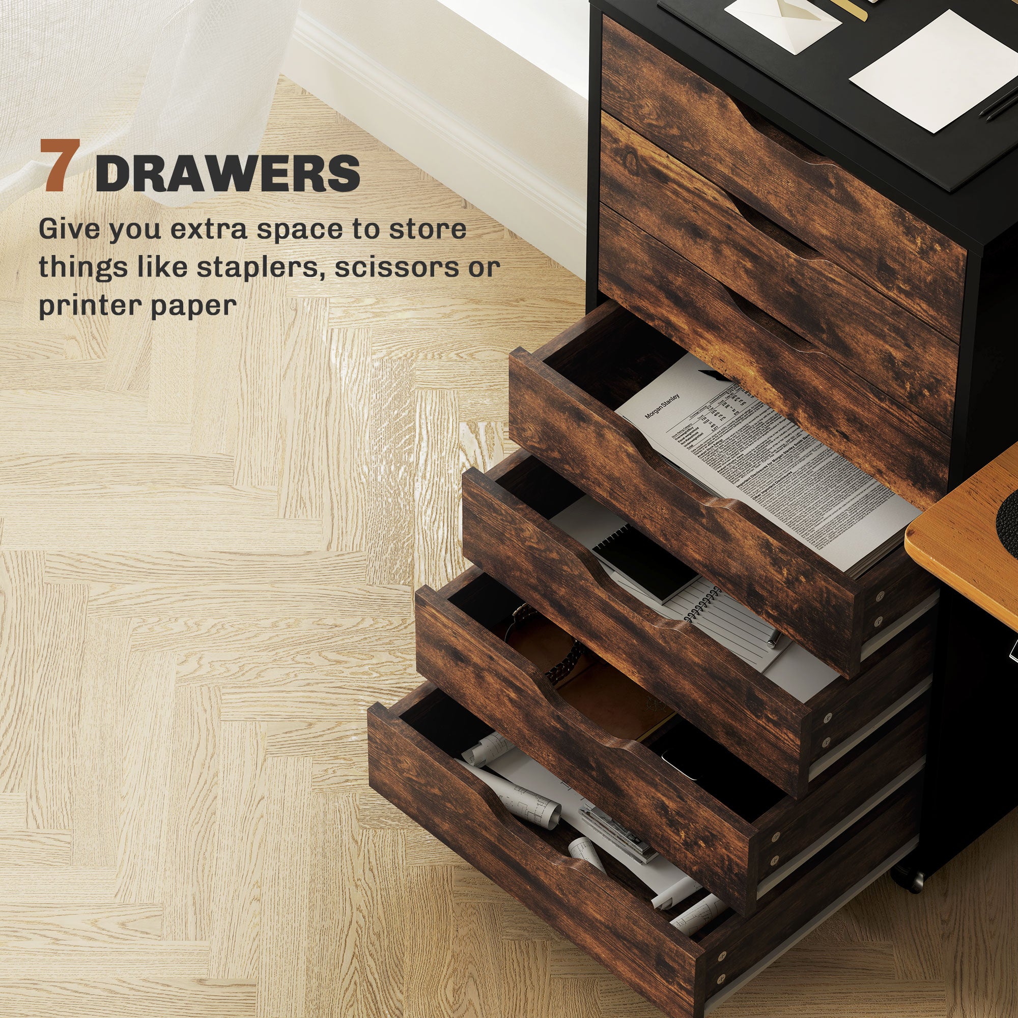 7-drawer Vertical File Cabinet for Home Office, Storage Cabinet with Wheels, 18.7"x15.6"x35.4", Rustic Brown-Office Products > Office Furniture > Office Cabinets & Cupboards-DECOROLALA