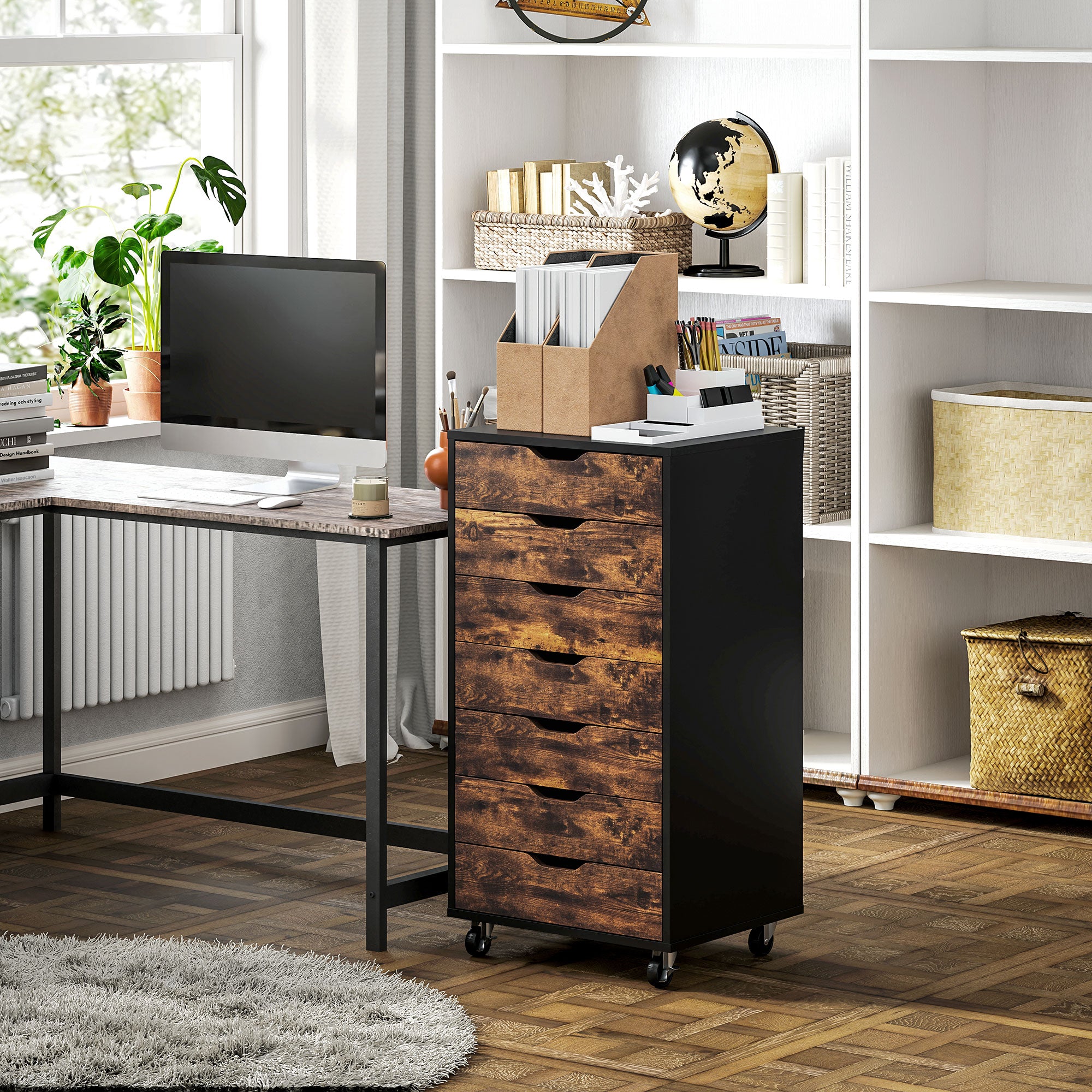 7-drawer Vertical File Cabinet for Home Office, Storage Cabinet with Wheels, 18.7"x15.6"x35.4", Rustic Brown-Office Products > Office Furniture > Office Cabinets & Cupboards-DECOROLALA