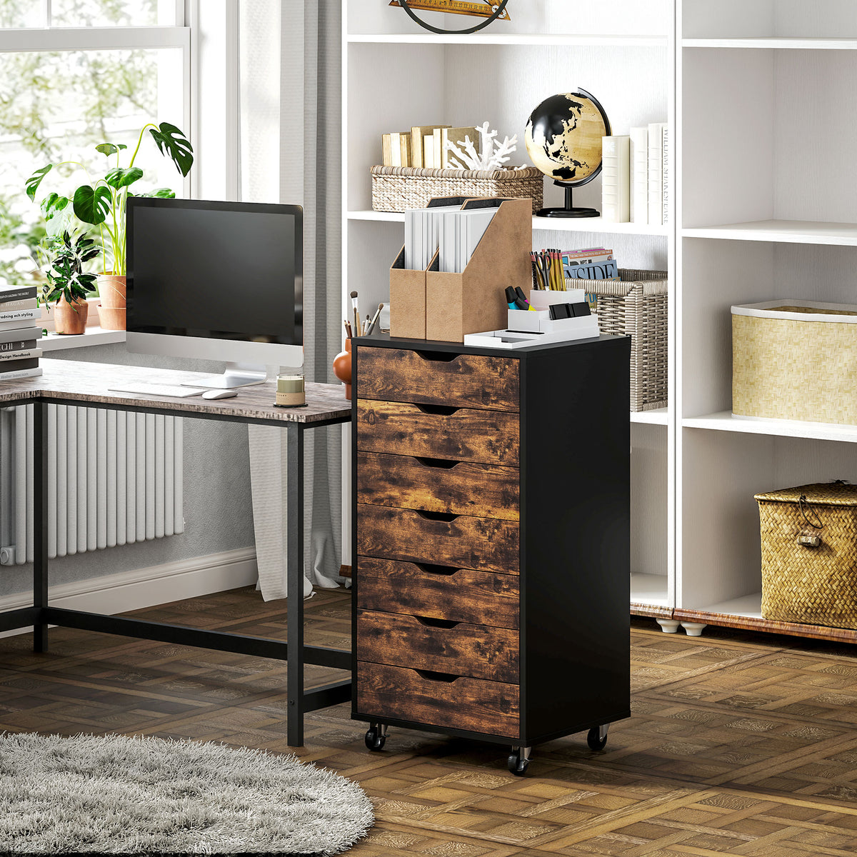 7-drawer Vertical File Cabinet for Home Office, Storage Cabinet with Wheels, 18.7"x15.6"x35.4", Rustic Brown-Office Storage Cabinets-DECOROLALA