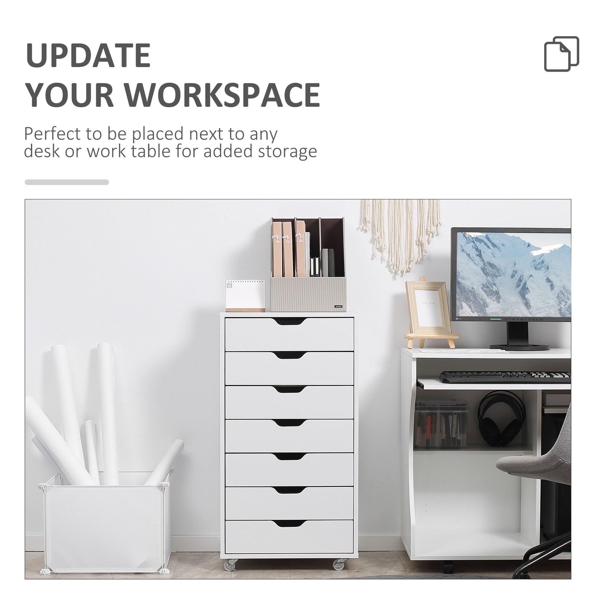 7-drawer Vertical File Cabinet for Home Office, Storage Cabinet with Wheels, 18.7"x15.6"x35.4", White-Office Products > Office Furniture > Office Cabinets & Cupboards-DECOROLALA