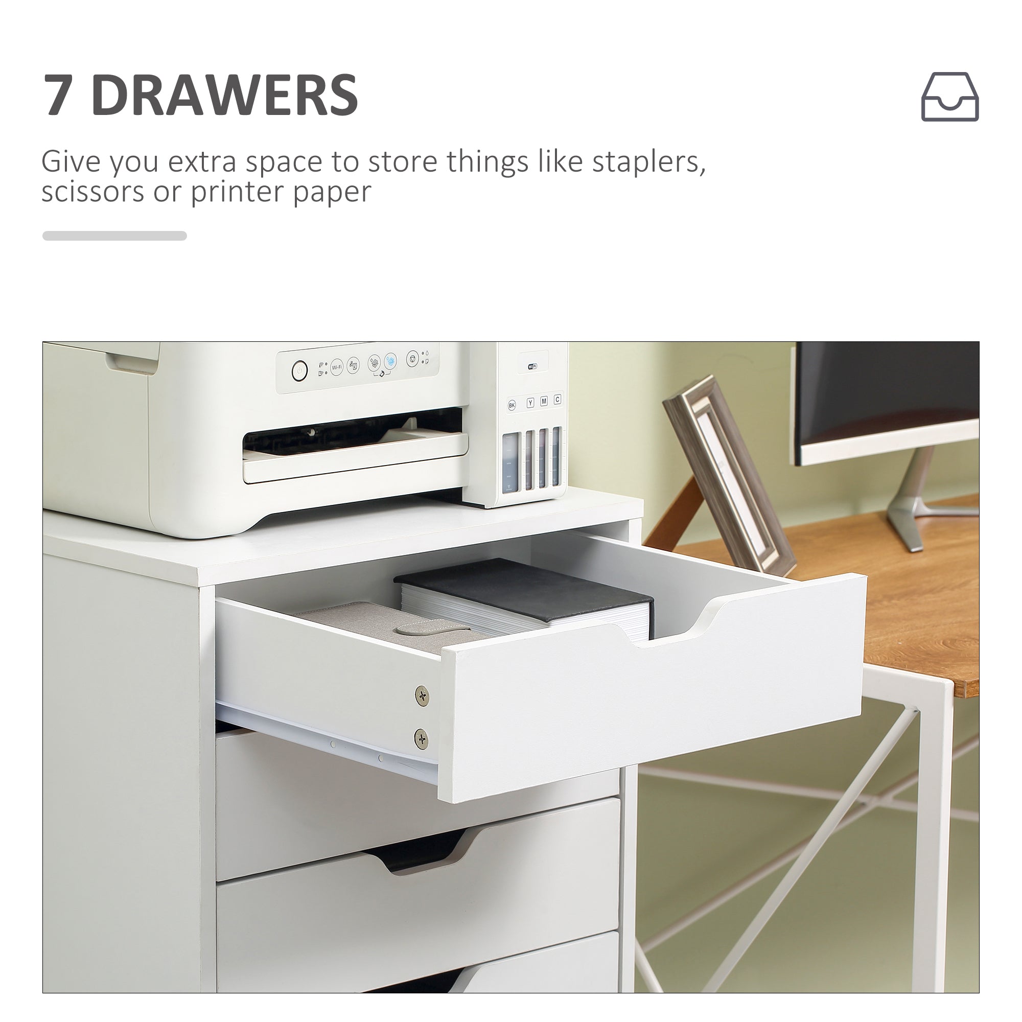 7-drawer Vertical File Cabinet for Home Office, Storage Cabinet with Wheels, 18.7"x15.6"x35.4", White-Office Products > Office Furniture > Office Cabinets & Cupboards-DECOROLALA