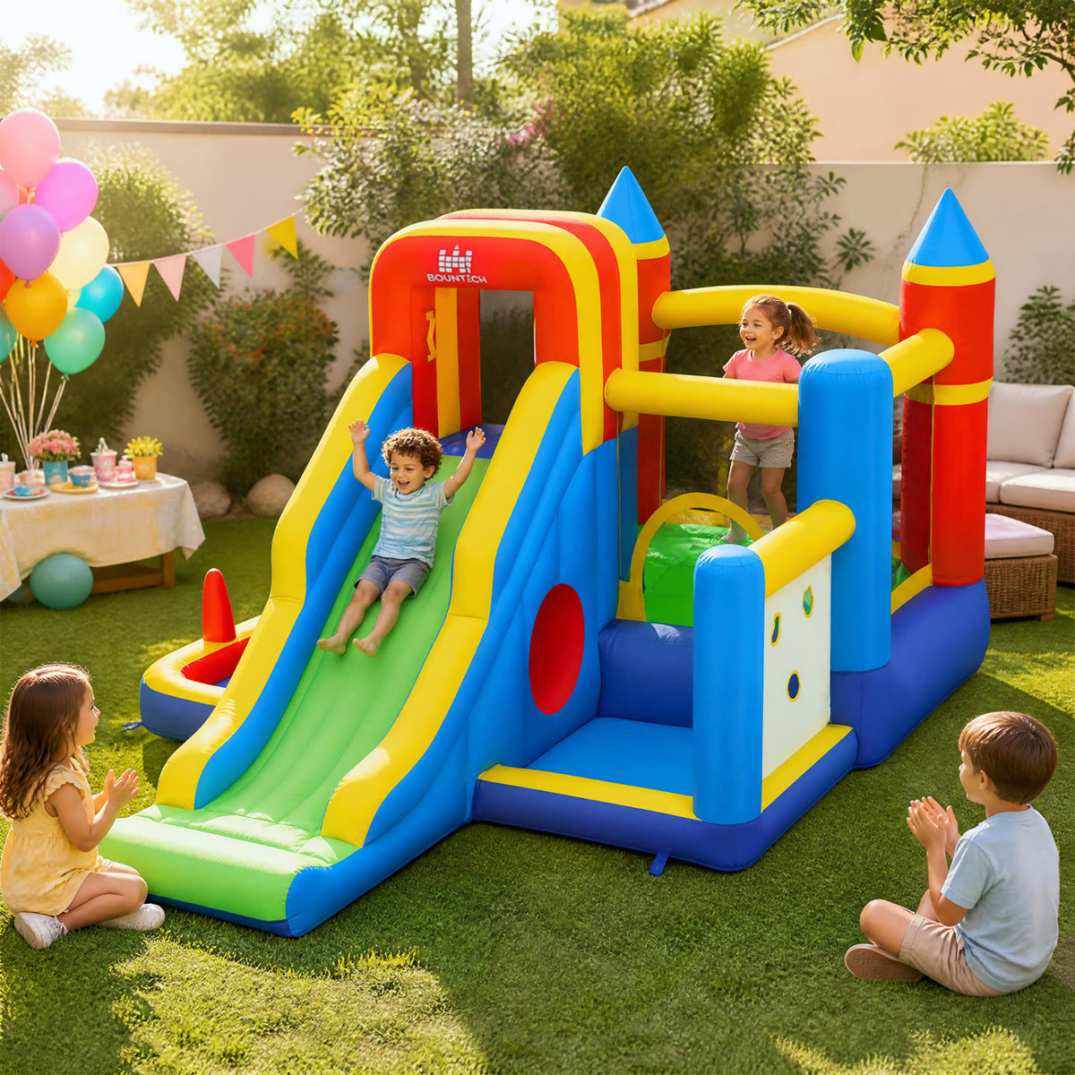 7-in-1 Bouncy Castle with Slide & Ball Pit - No Blower-Inflatable Bounce Houses-DECOROLALA
