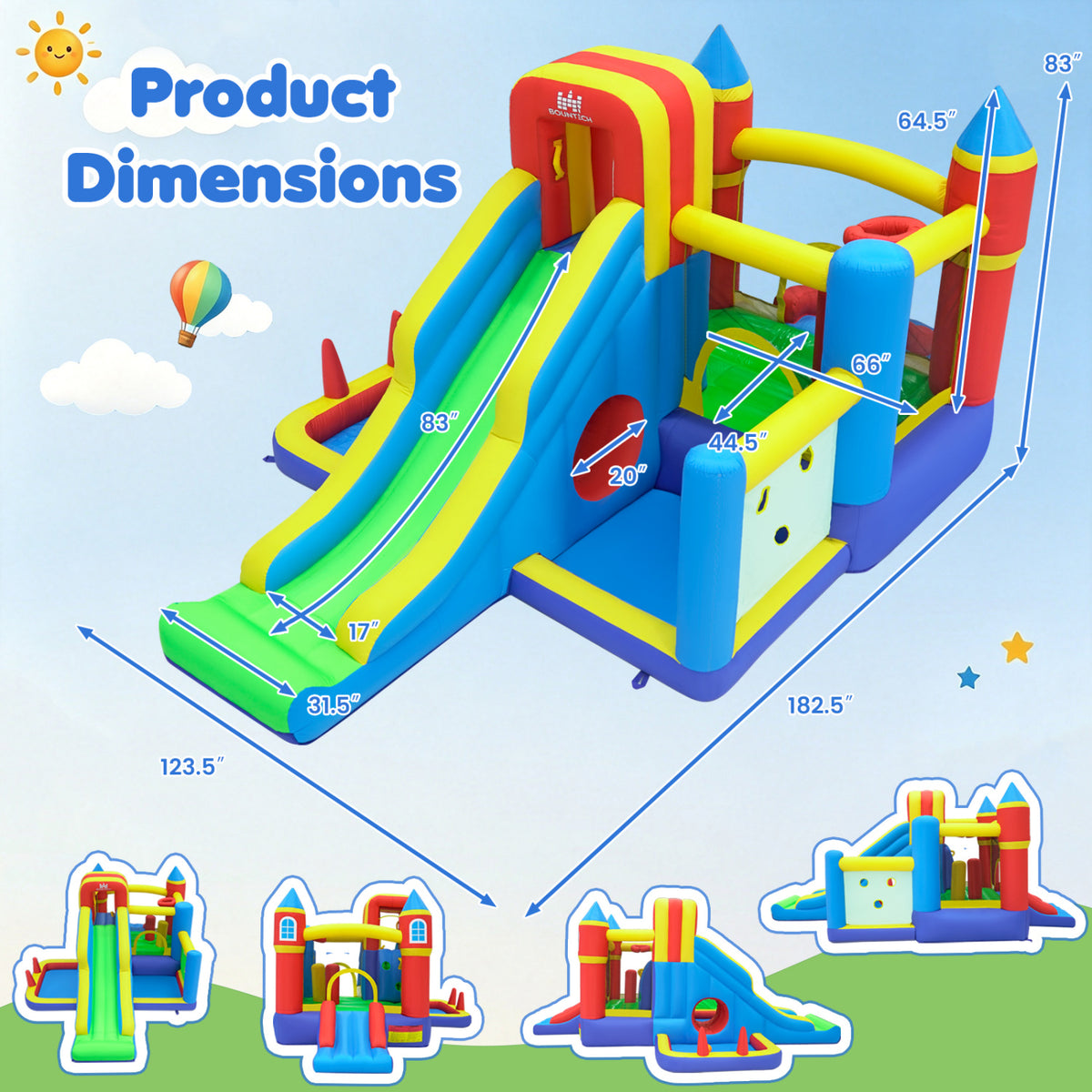Château gonflable 7-en-1 avec toboggan, piscine à balles et panier de basket, sans souffleur, pour enfants, intérieur et extérieur
