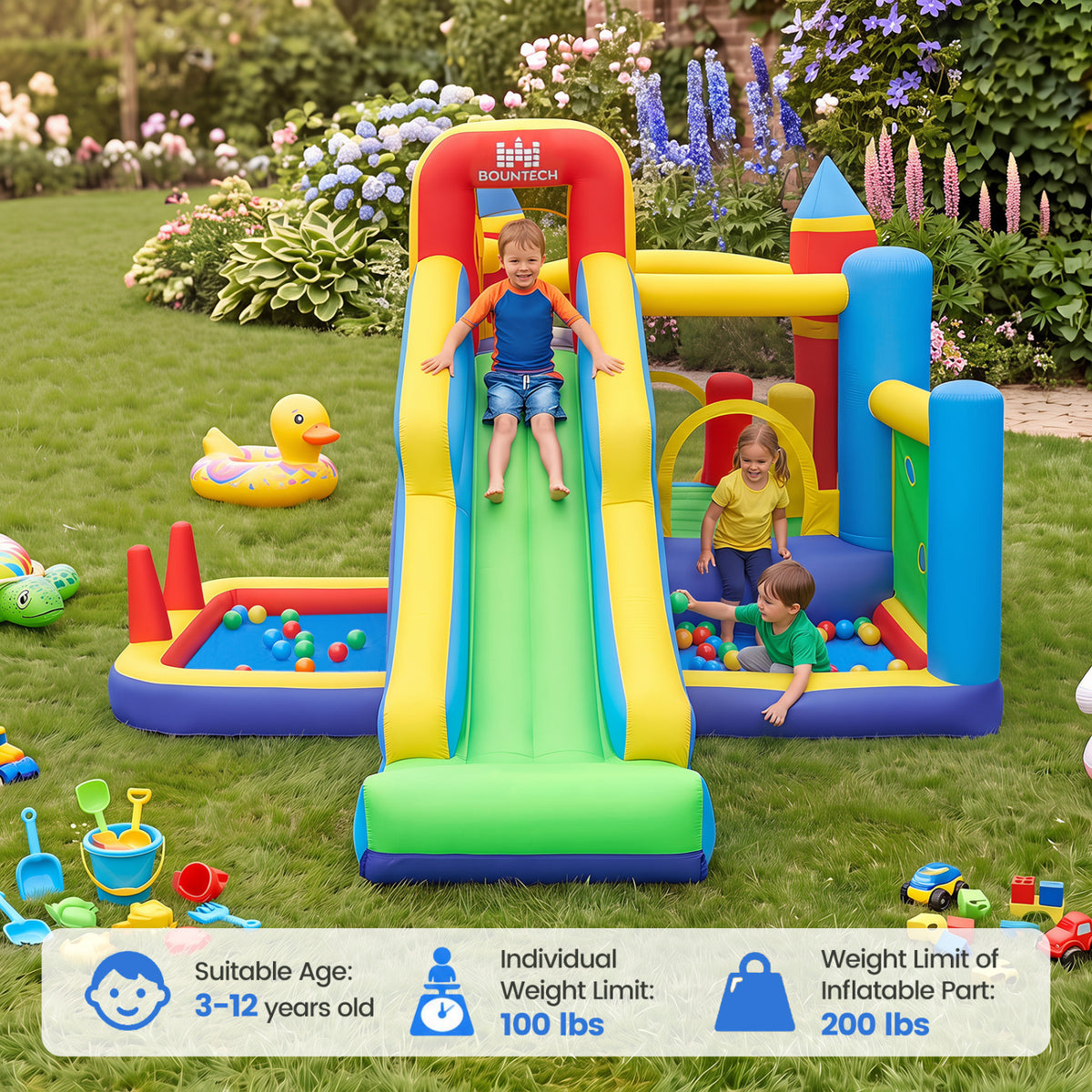Château gonflable 7-en-1 avec toboggan, piscine à balles et panier de basket, sans souffleur, pour enfants, intérieur et extérieur