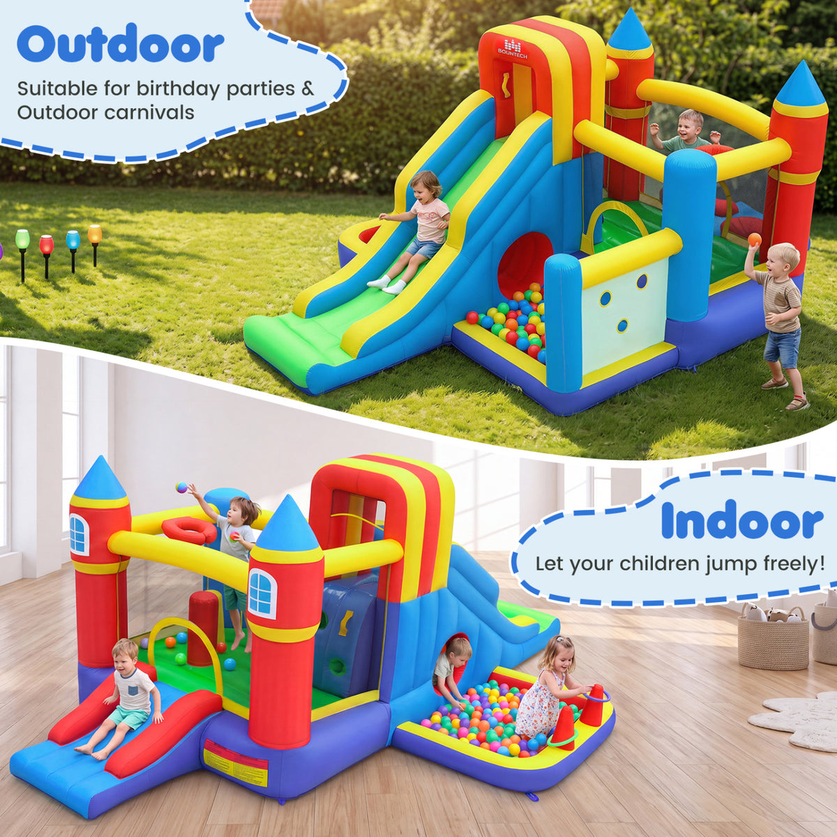 Château gonflable 7-en-1 avec toboggan, piscine à balles et panier de basket, sans souffleur, pour enfants, intérieur et extérieur