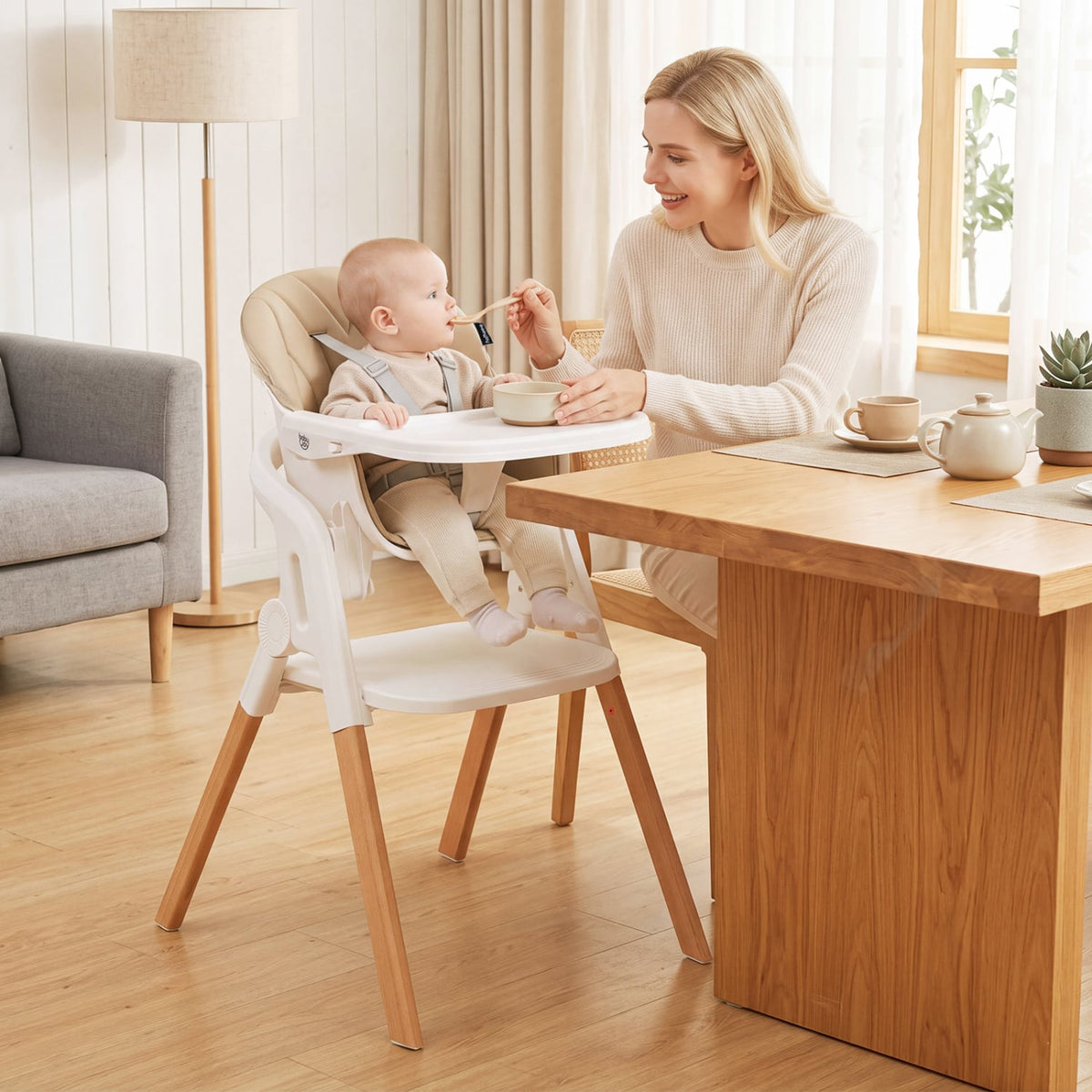 7-in-1 Convertible Foldable Baby High Chair with Adjustable Tray for Kids-Beige-High Chairs-DECOROLALA