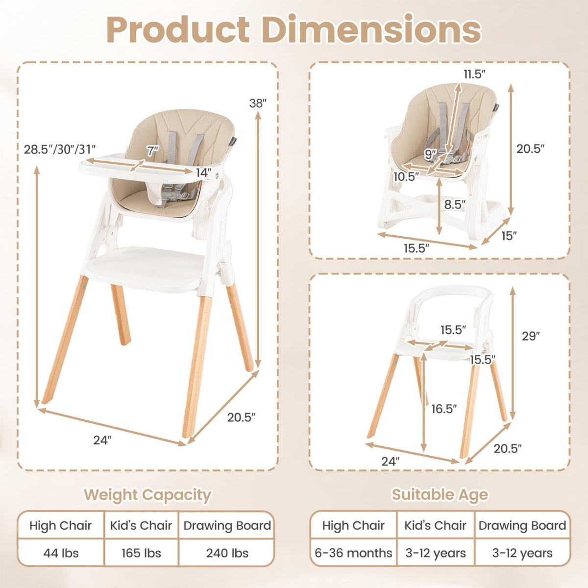 7-in-1 Convertible Foldable Baby High Chair with Adjustable Tray for Kids-Beige-High Chairs-DECOROLALA