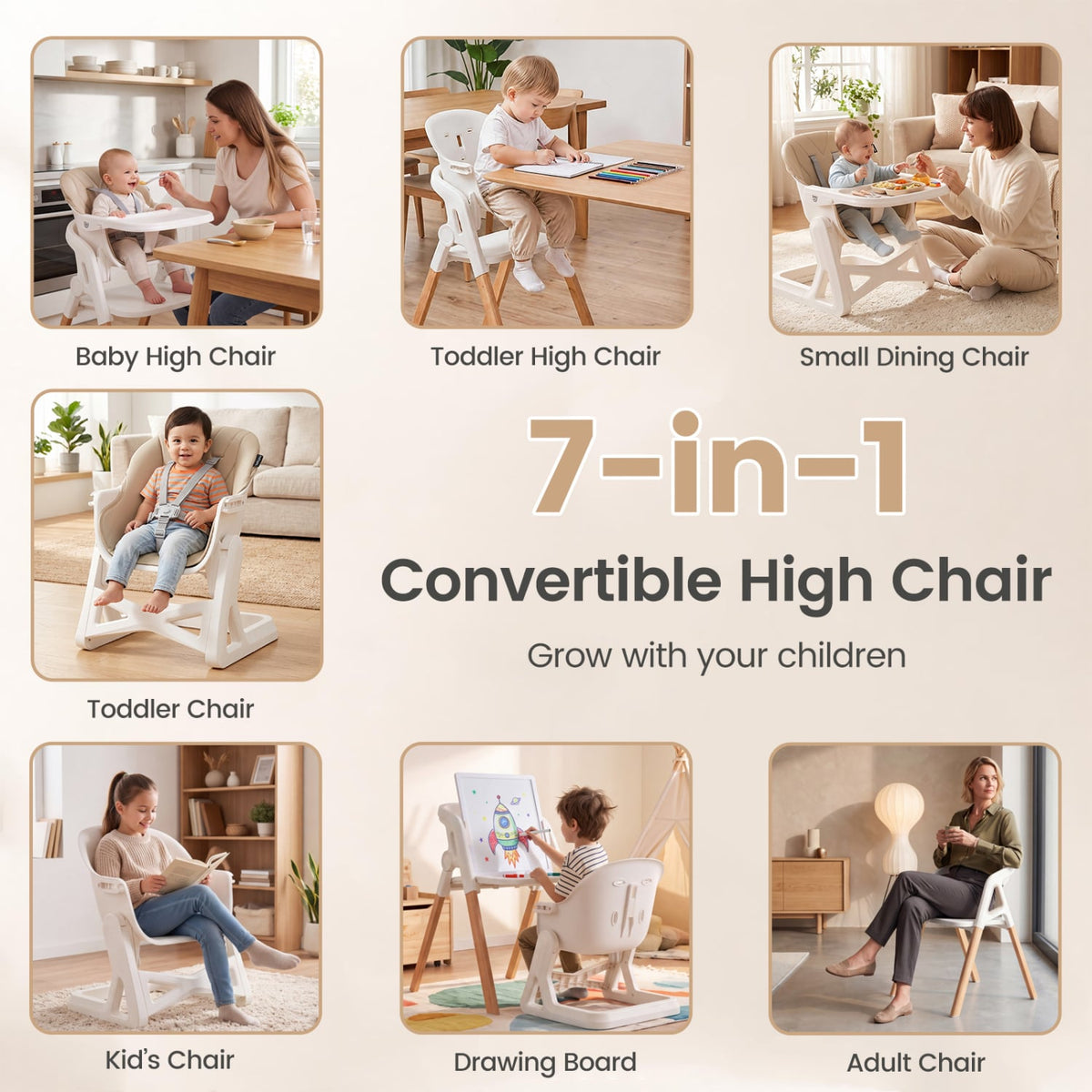 7-in-1 Convertible Foldable Baby High Chair with Adjustable Tray for Kids-Beige-High Chairs-DECOROLALA