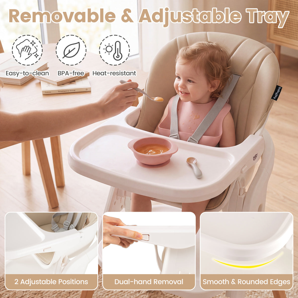 7-in-1 Convertible Foldable Baby High Chair with Adjustable Tray for Kids-Beige-High Chairs-DECOROLALA
