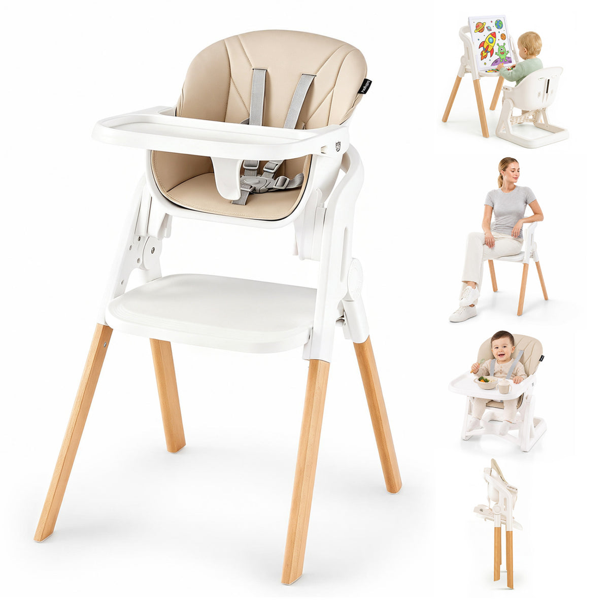 7-in-1 Convertible Foldable Baby High Chair with Adjustable Tray for Kids-Beige-High Chairs-DECOROLALA