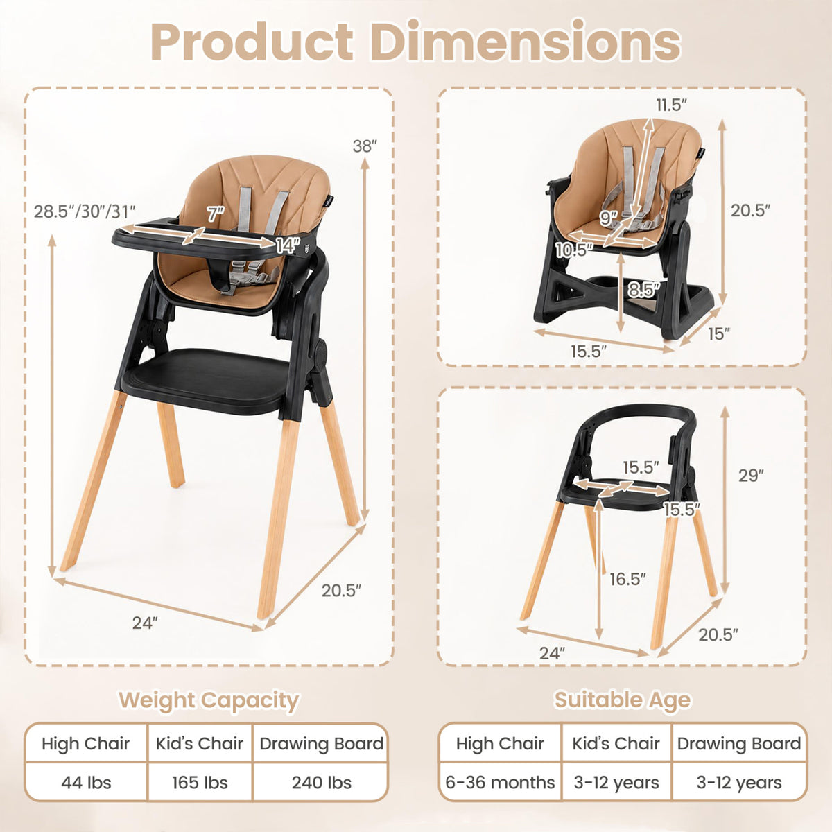 7-in-1 Convertible Foldable Baby High Chair with Adjustable Tray for Kids-Brown-High Chairs-DECOROLALA