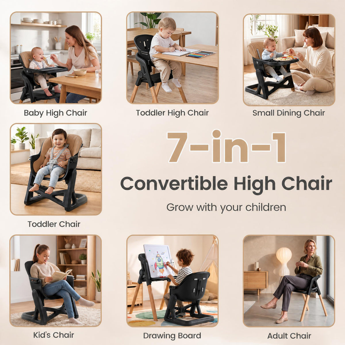 7-in-1 Convertible Foldable Baby High Chair with Adjustable Tray for Kids-Brown-High Chairs-DECOROLALA