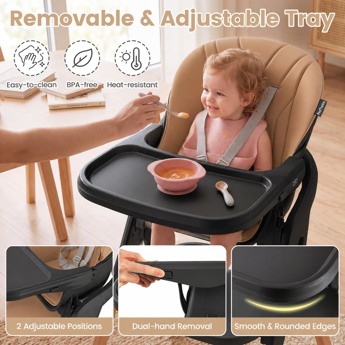 7-in-1 Convertible Foldable Baby High Chair with Adjustable Tray for Kids-Brown-High Chairs-DECOROLALA