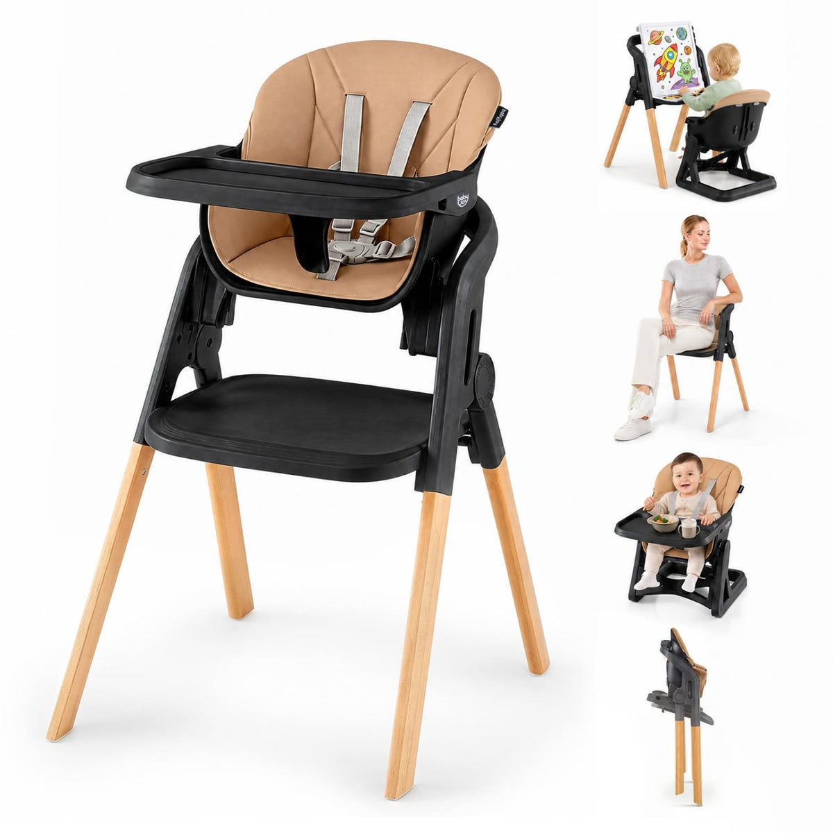 7-in-1 Convertible Foldable Baby High Chair with Adjustable Tray for Kids-Brown-High Chairs-DECOROLALA