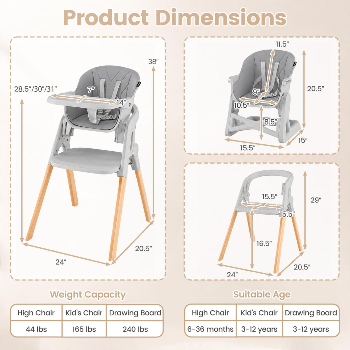 7-in-1 Convertible Foldable Baby High Chair with Adjustable Tray for Kids-Gray-High Chairs-DECOROLALA