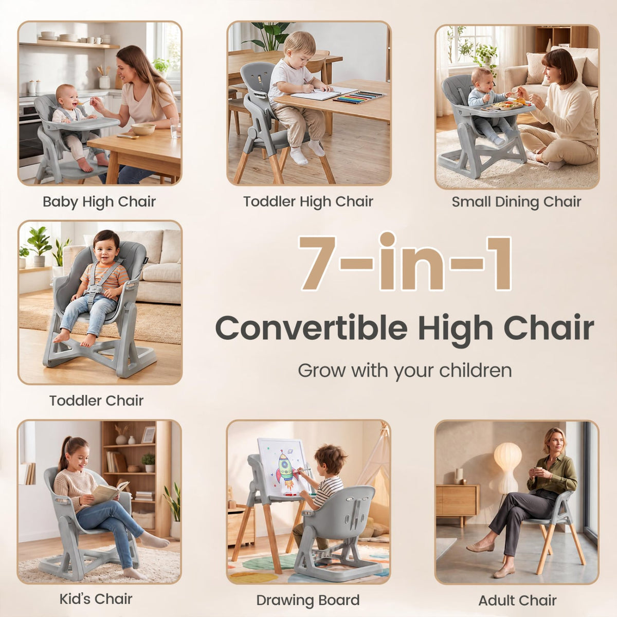 7-in-1 Convertible Foldable Baby High Chair with Adjustable Tray for Kids-Gray-High Chairs-DECOROLALA