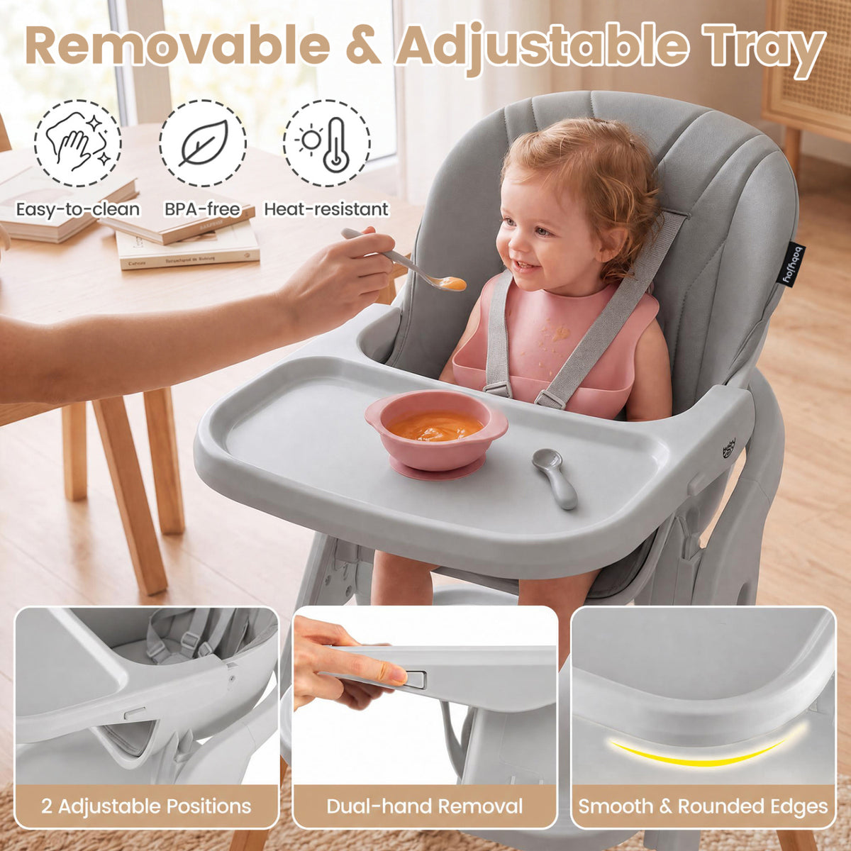 7-in-1 Convertible Foldable Baby High Chair with Adjustable Tray for Kids-Gray-High Chairs-DECOROLALA