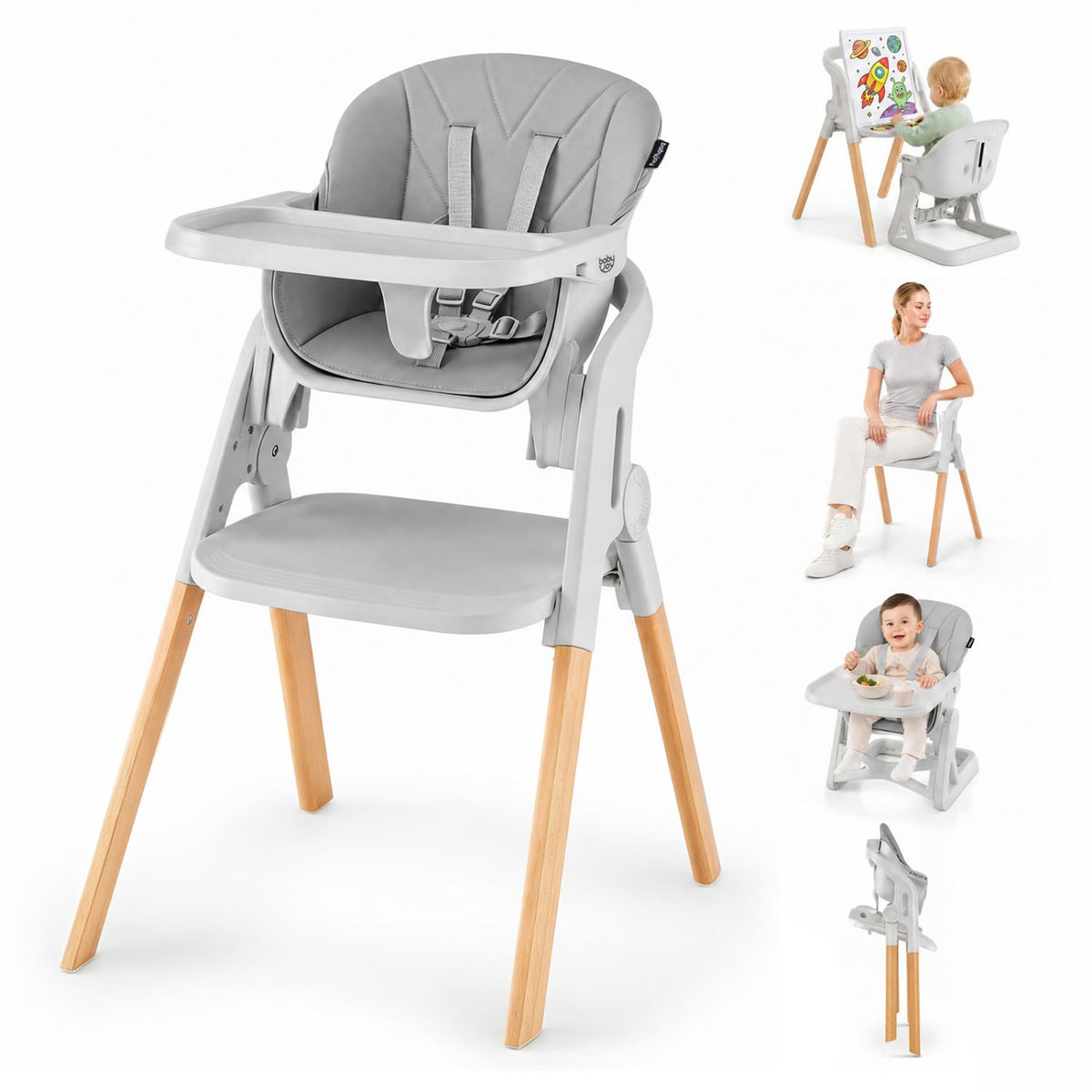 7-in-1 Convertible Foldable Baby High Chair with Adjustable Tray for Kids-Gray-High Chairs-DECOROLALA