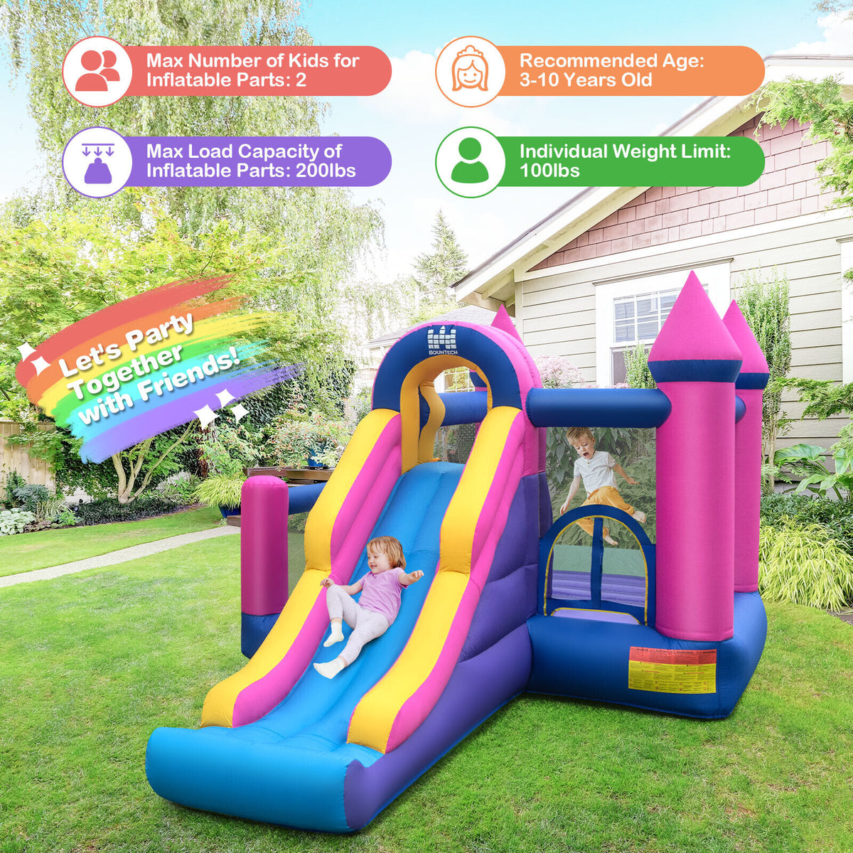 7-in-1 Inflatable Bounce House with Slide, Ball Pit and 735W Blower-Inflatable Bounce Houses-DECOROLALA