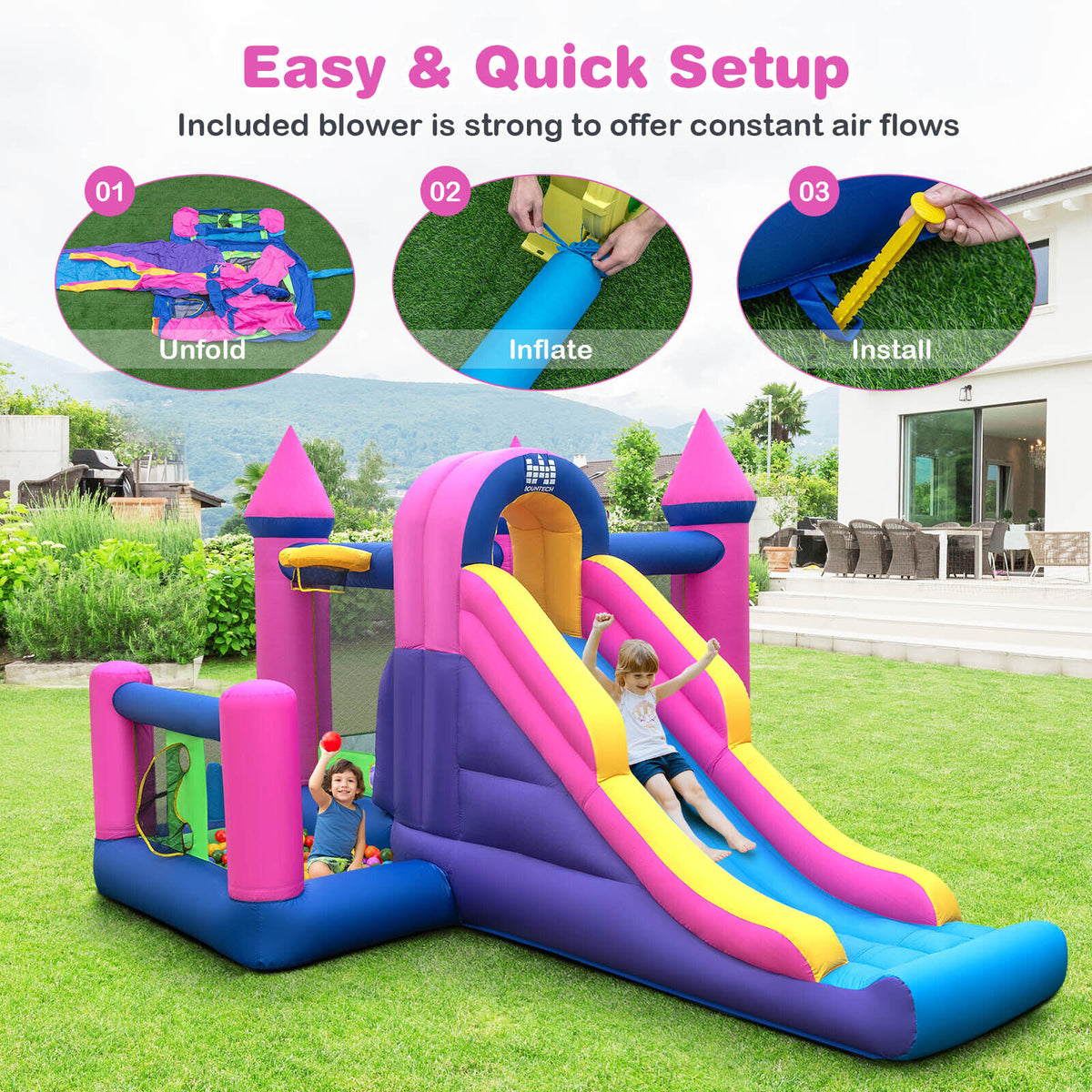 7-in-1 Inflatable Bounce House with Slide, Ball Pit and 735W Blower-Inflatable Bounce Houses-DECOROLALA