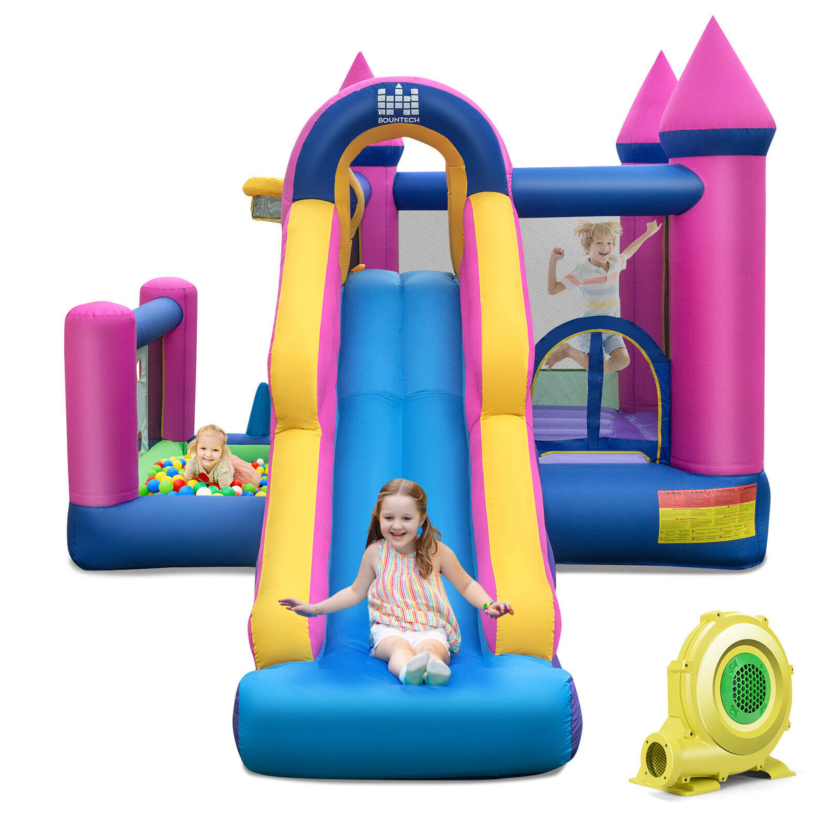 7-in-1 Inflatable Bounce House with Slide, Ball Pit and 735W Blower-Inflatable Bounce Houses-DECOROLALA