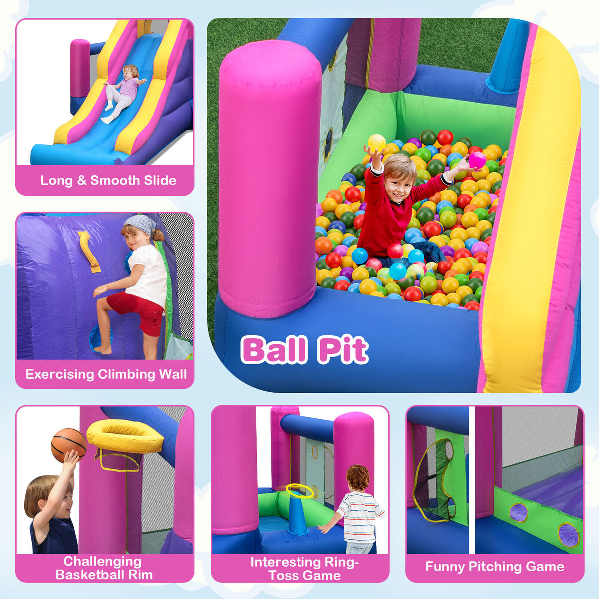 7-in-1 Inflatable Bounce House with Slide, Ball Pit and 735W Blower-Inflatable Bounce Houses-DECOROLALA