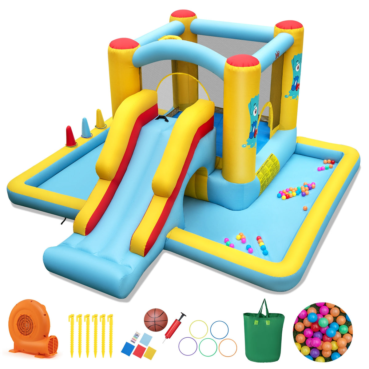 7-in-1 Inflatable Bounce House with Slide, Tunnel and 550W Blower-Inflatable Bounce Houses-DECOROLALA