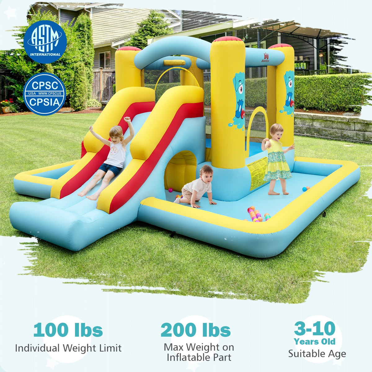7-in-1 Inflatable Bounce House with Slide, Tunnel and 550W Blower-Inflatable Bounce Houses-DECOROLALA