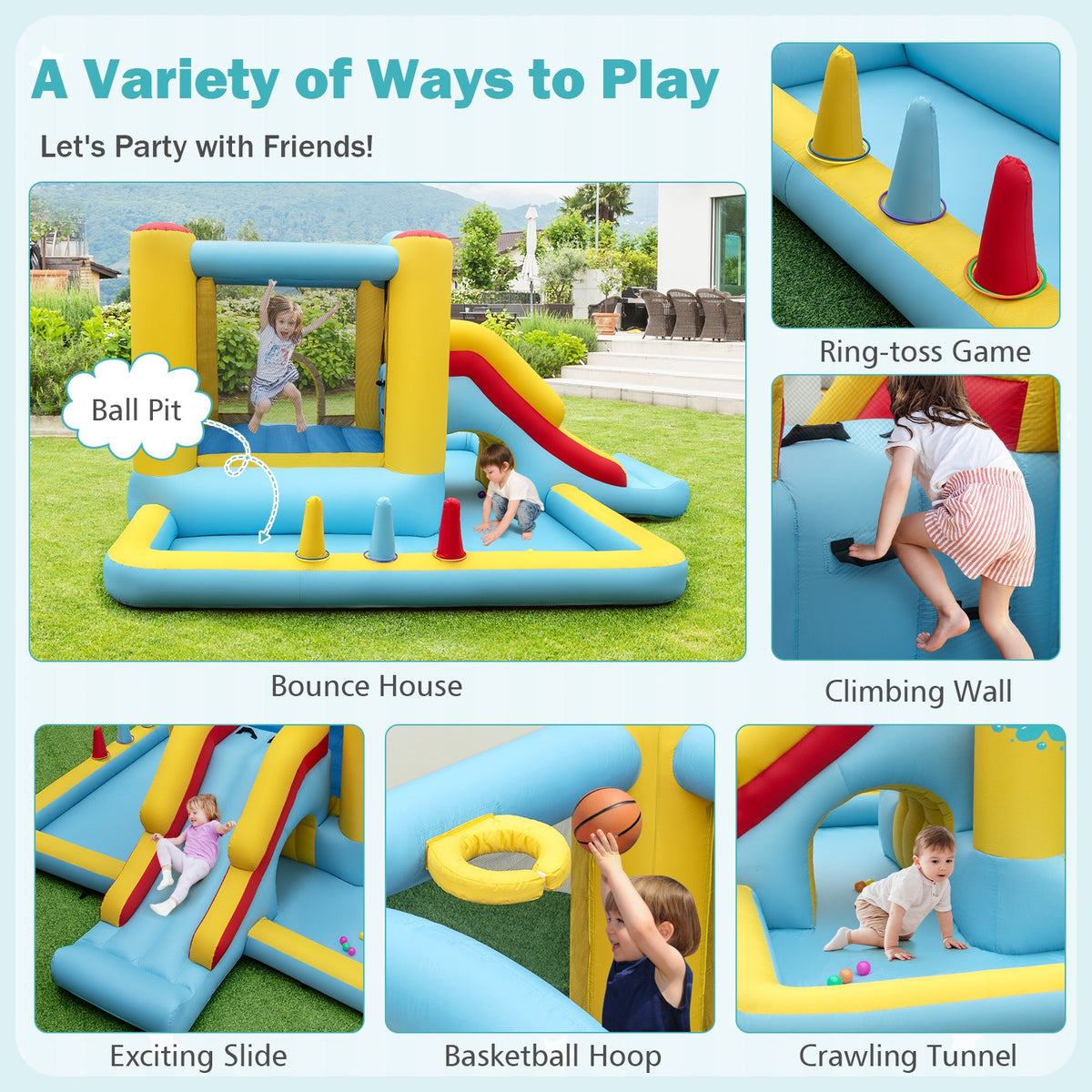 7-in-1 Inflatable Bounce House with Slide, Tunnel and 550W Blower-Inflatable Bounce Houses-DECOROLALA