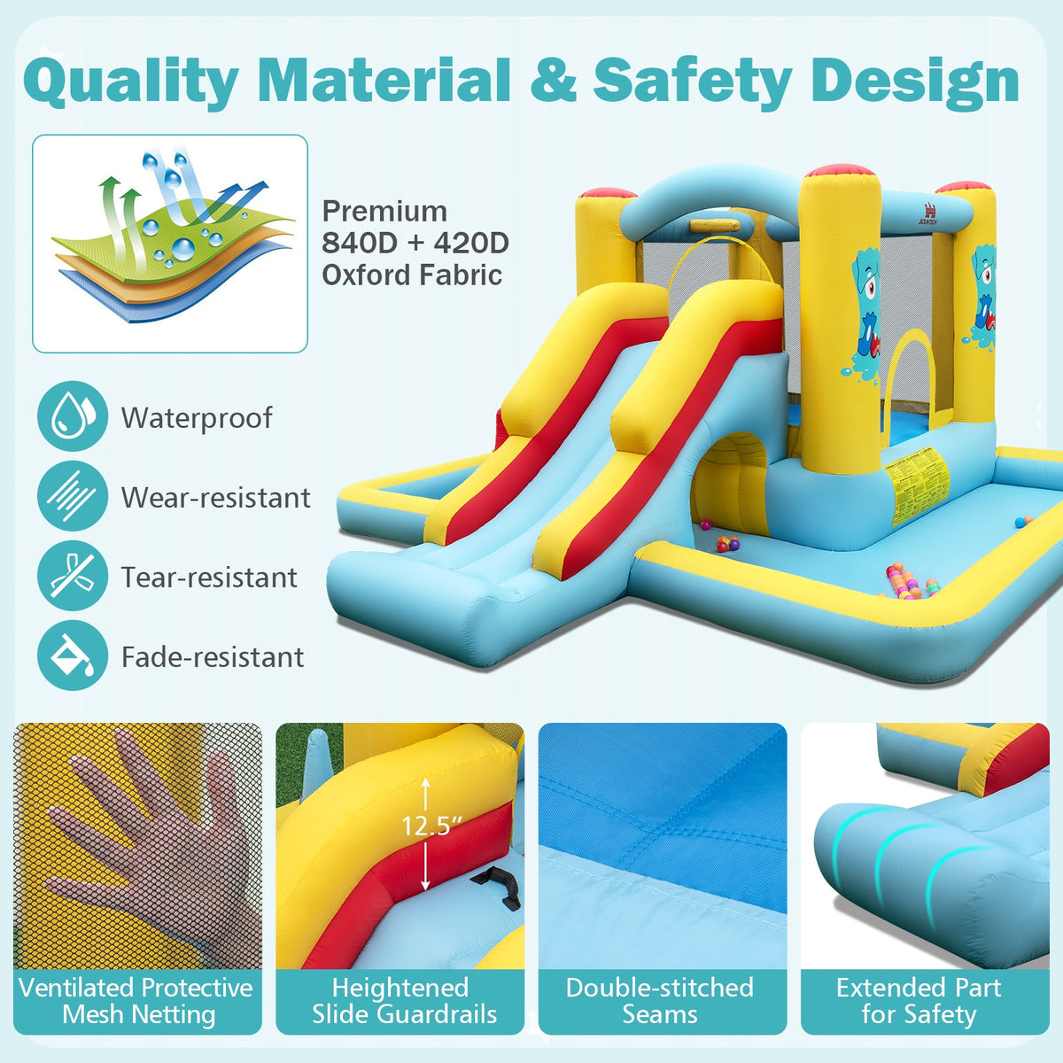 7-in-1 Inflatable Bounce House with Slide, Tunnel and 550W Blower-Inflatable Bounce Houses-DECOROLALA
