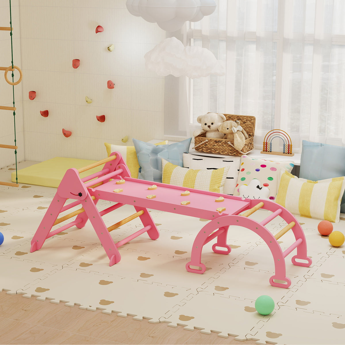 7-in-1 Pikler Triangle Set, Foldable Wooden Climbing Toys with Arch, Ramp and Ladder for Toddlers 1-4 Years-Toys & Games > Baby & Toddler Toys > Kids Gym & Playmats-DECOROLALA