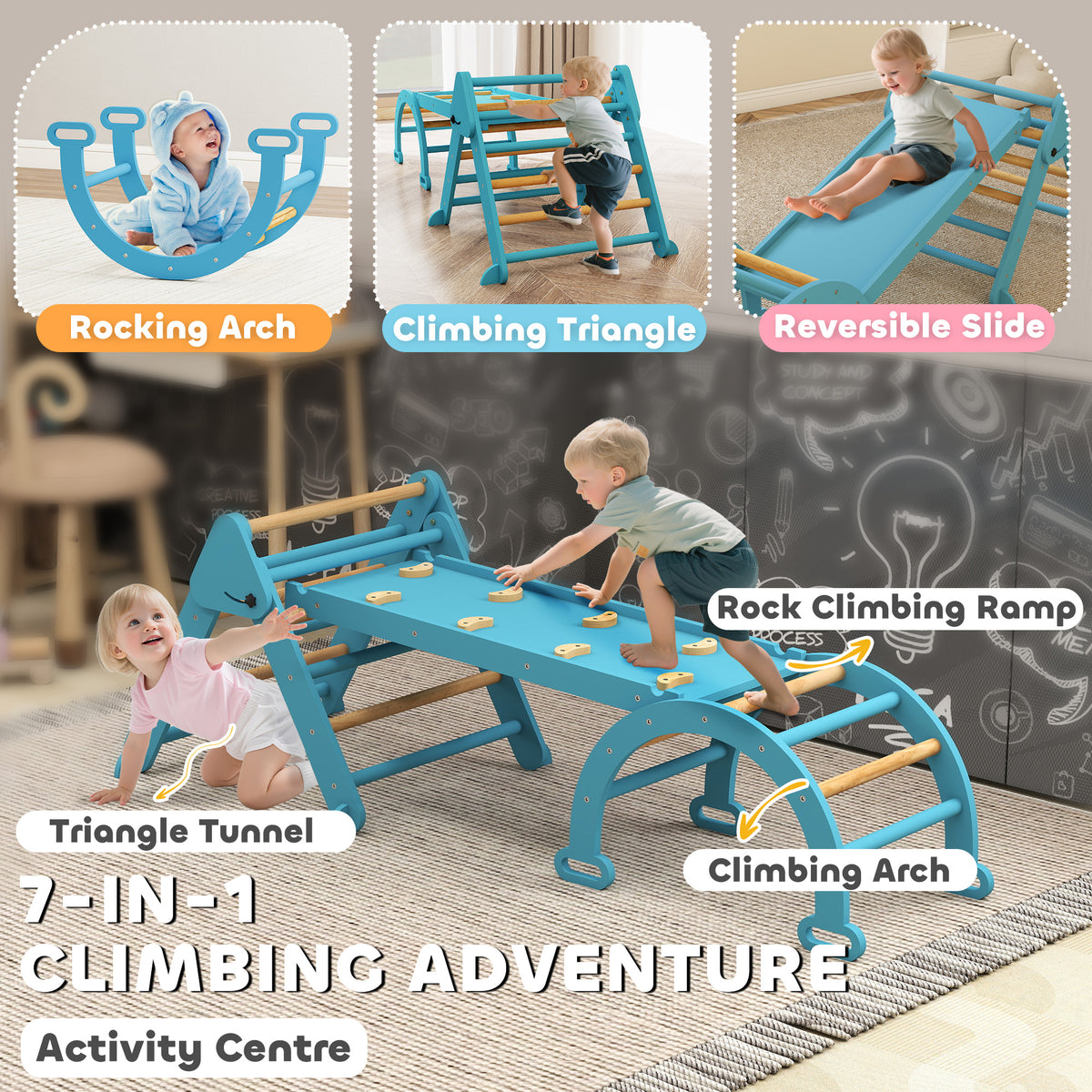 7-in-1 Pikler Triangle Set, Foldable Wooden Climbing Toys with Arch, Ramp and Ladder for Toddlers 1-4 Years-Toys & Games > Baby & Toddler Toys > Kids Gym & Playmats-DECOROLALA
