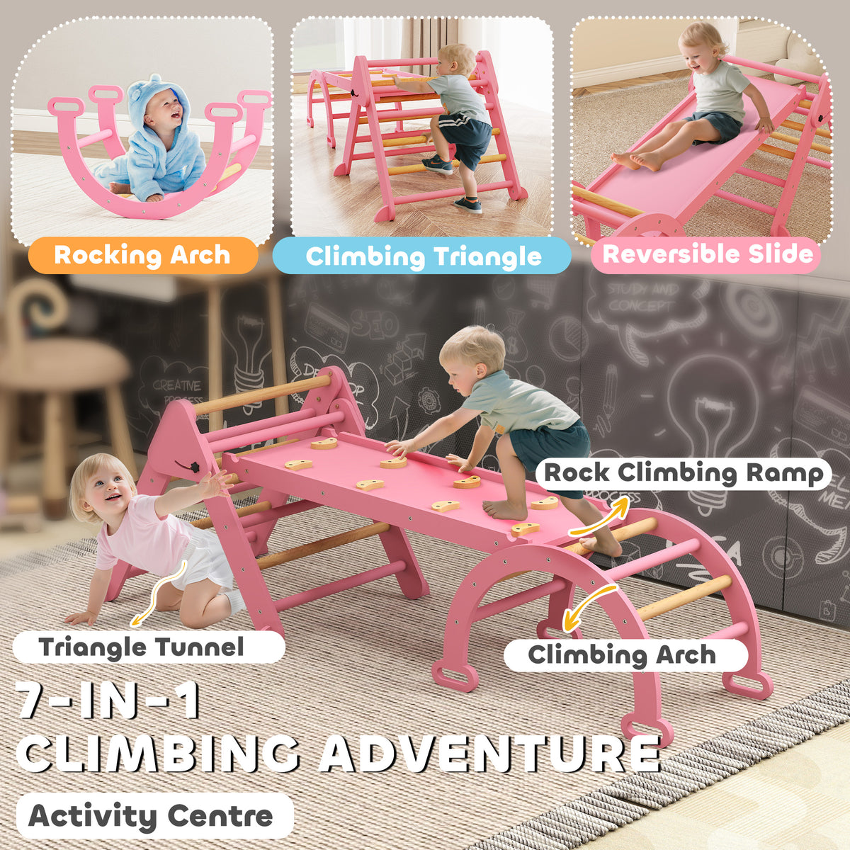 7-in-1 Pikler Triangle Set, Foldable Wooden Climbing Toys with Arch, Ramp and Ladder for Toddlers 1-4 Years-Toys & Games > Baby & Toddler Toys > Kids Gym & Playmats-DECOROLALA