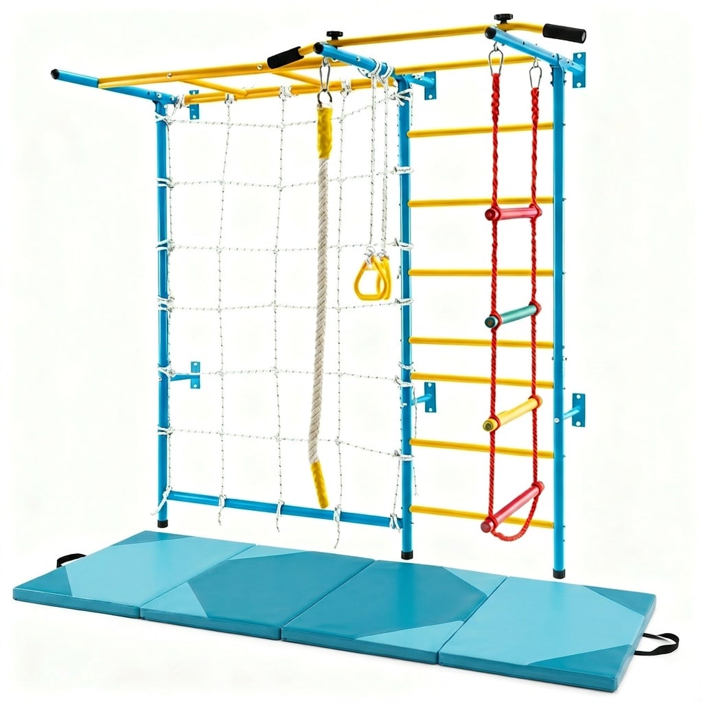 Échelle suédoise 7-en-1 avec tapis de gymnastique pliable, à fixer sur un mur solide, pour enfants