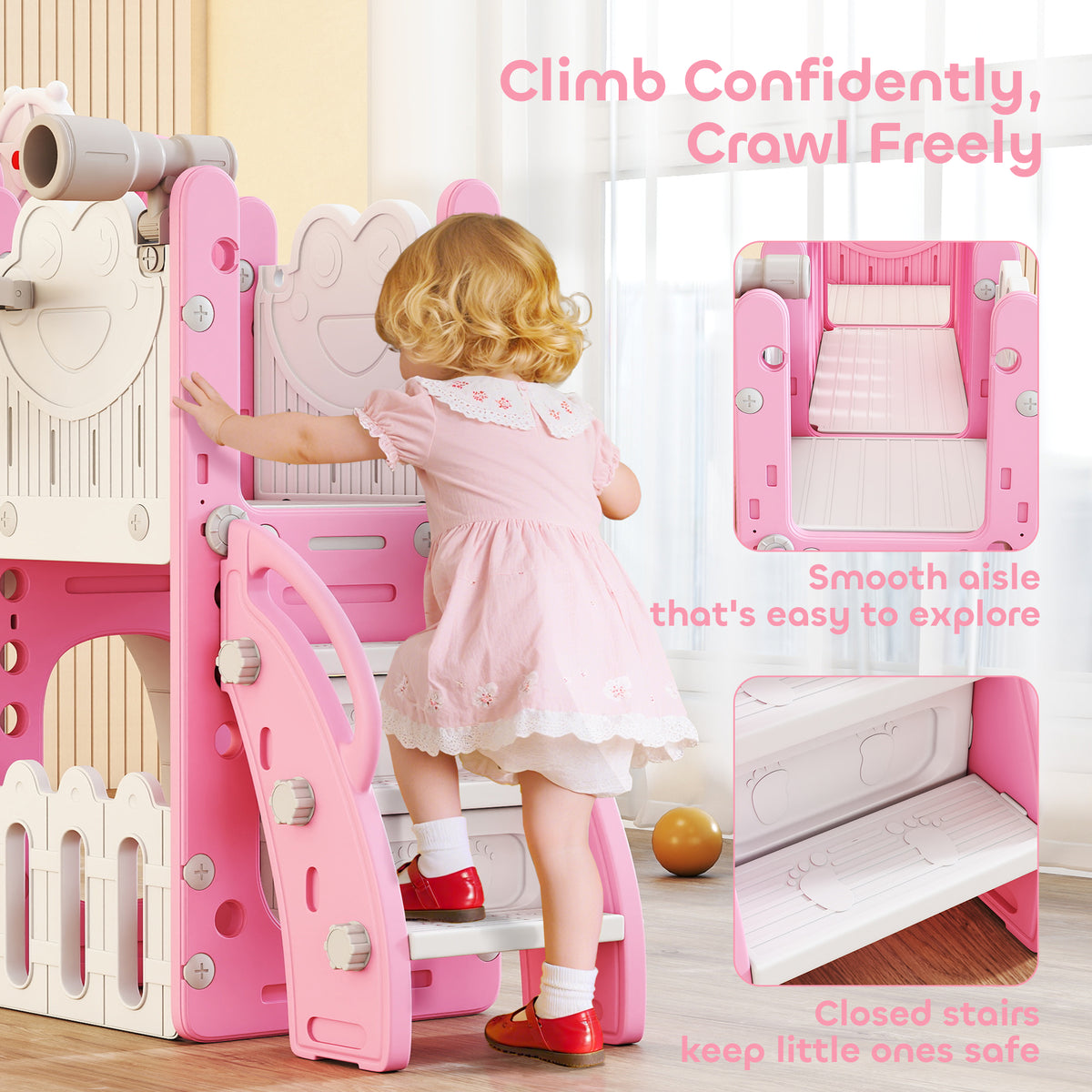 7 in 1 Toddler Slide with Basketball Hoop, Climbing Frame, Telescope, Drawing Board, Crawl Tunnel for Ages 1-3-Toys & Games > Kids Outdoor Play > Gym Sets & Swings-DECOROLALA